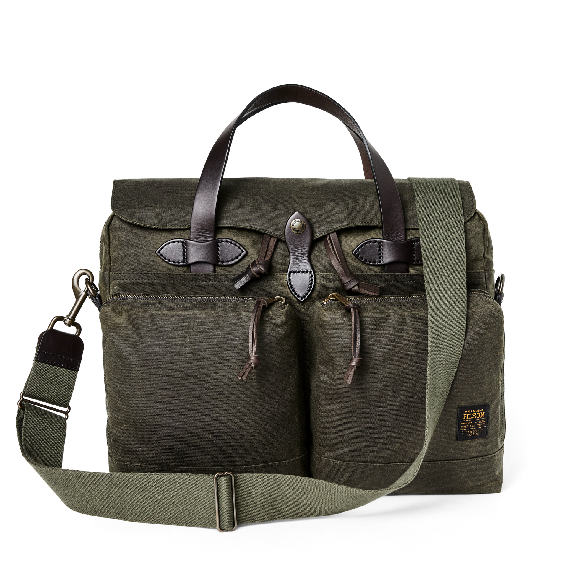 Front-facing image of the Filson 24 Hour Tin Cloth Briefcase - Otter Green