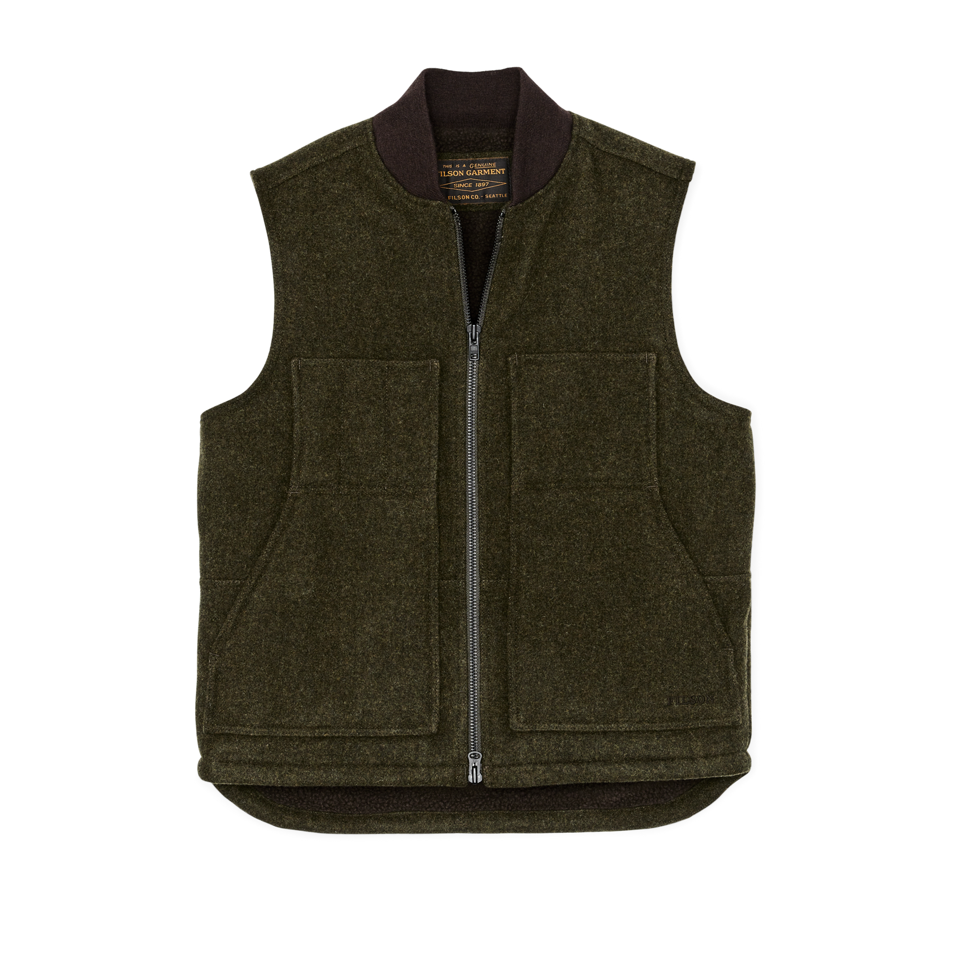 Front-facing image of the Filson Lined Mackinaw Wool Work Vest - Forest Green