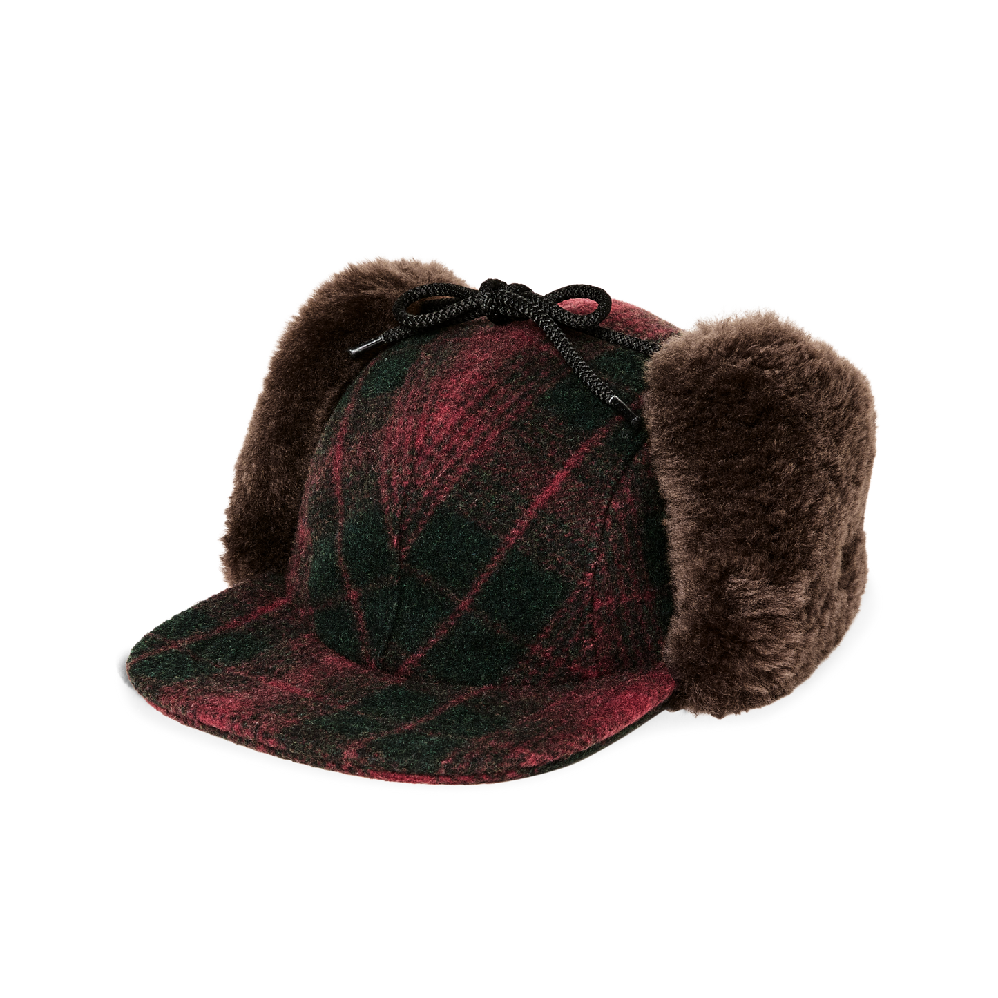 Front-facing image of the Filson Double Mackinaw Wool Cap - Burgundy / Dark Olive Plaid