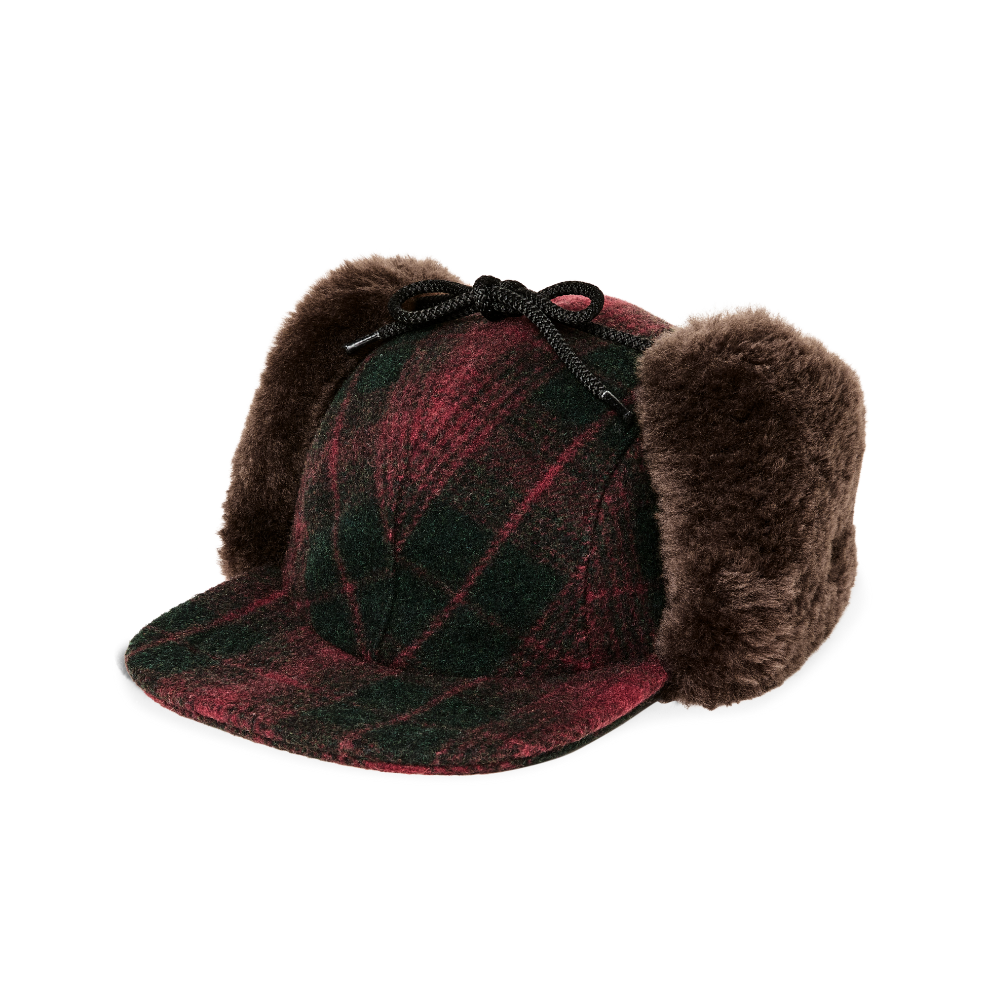 Front-facing image of the Filson Double Mackinaw Wool Cap - Burgundy / Dark Olive Plaid