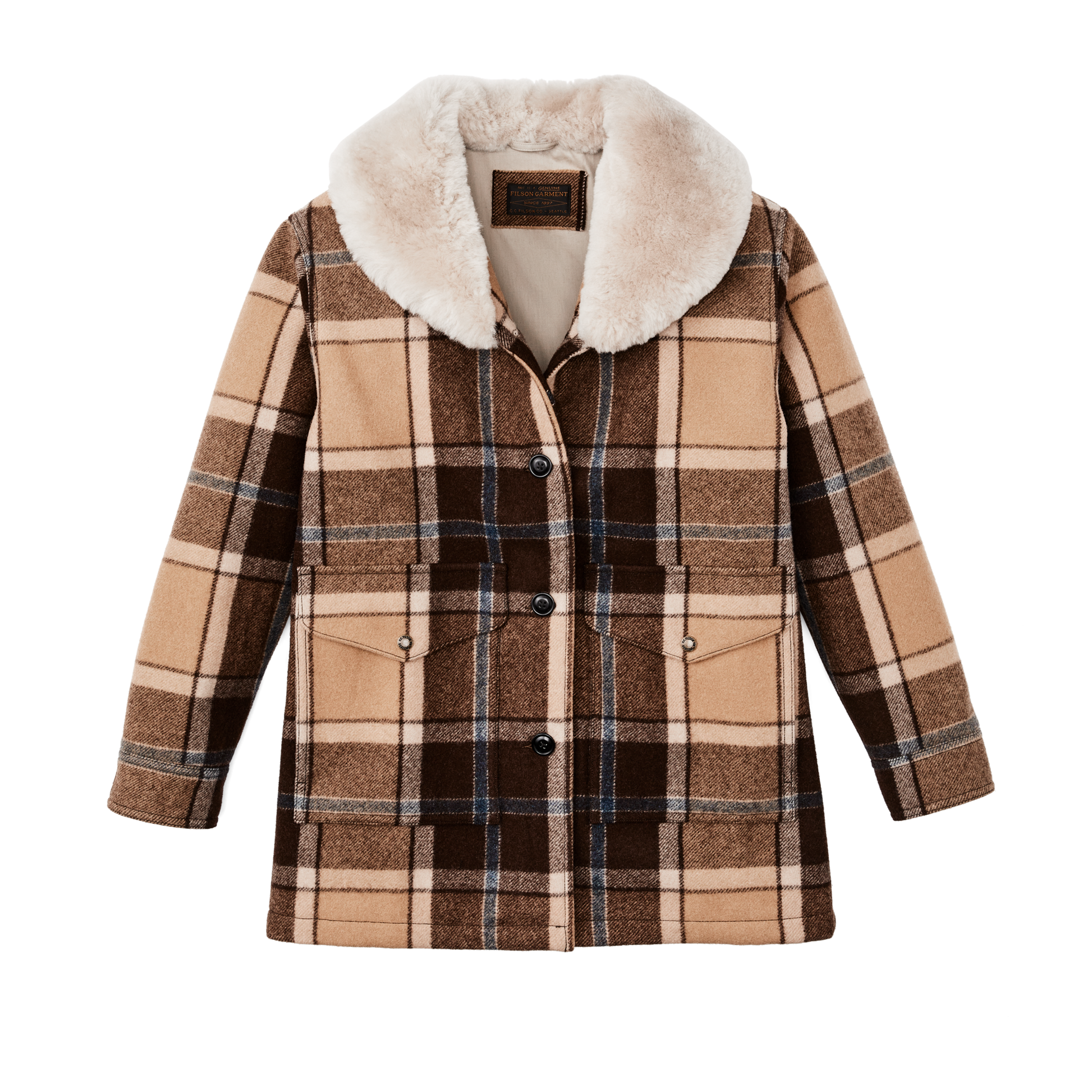 Front-facing image of the Filson Women's Lined Wool Packer Coat - Cream / Brown / Multi Plaid