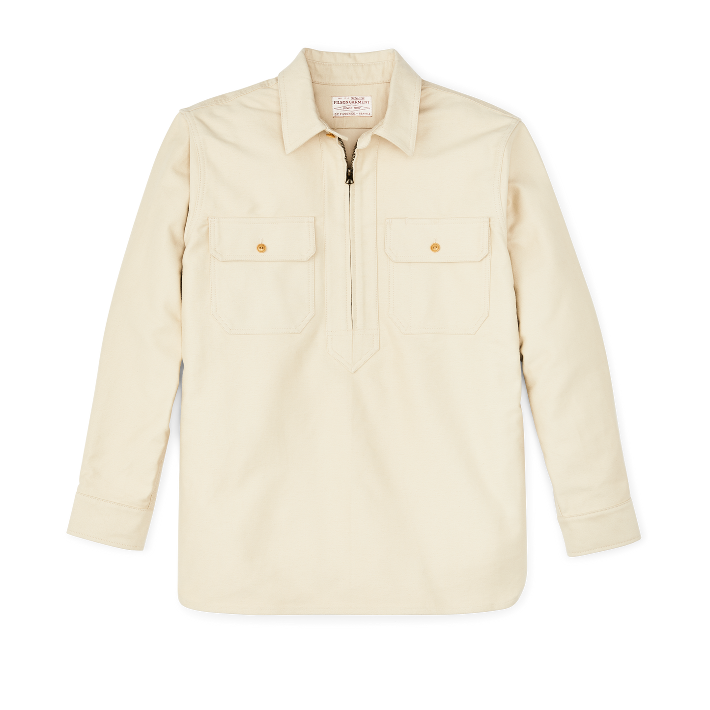 Front-facing image of the Filson Moleskin Quarter Zip Shirt - Khaki