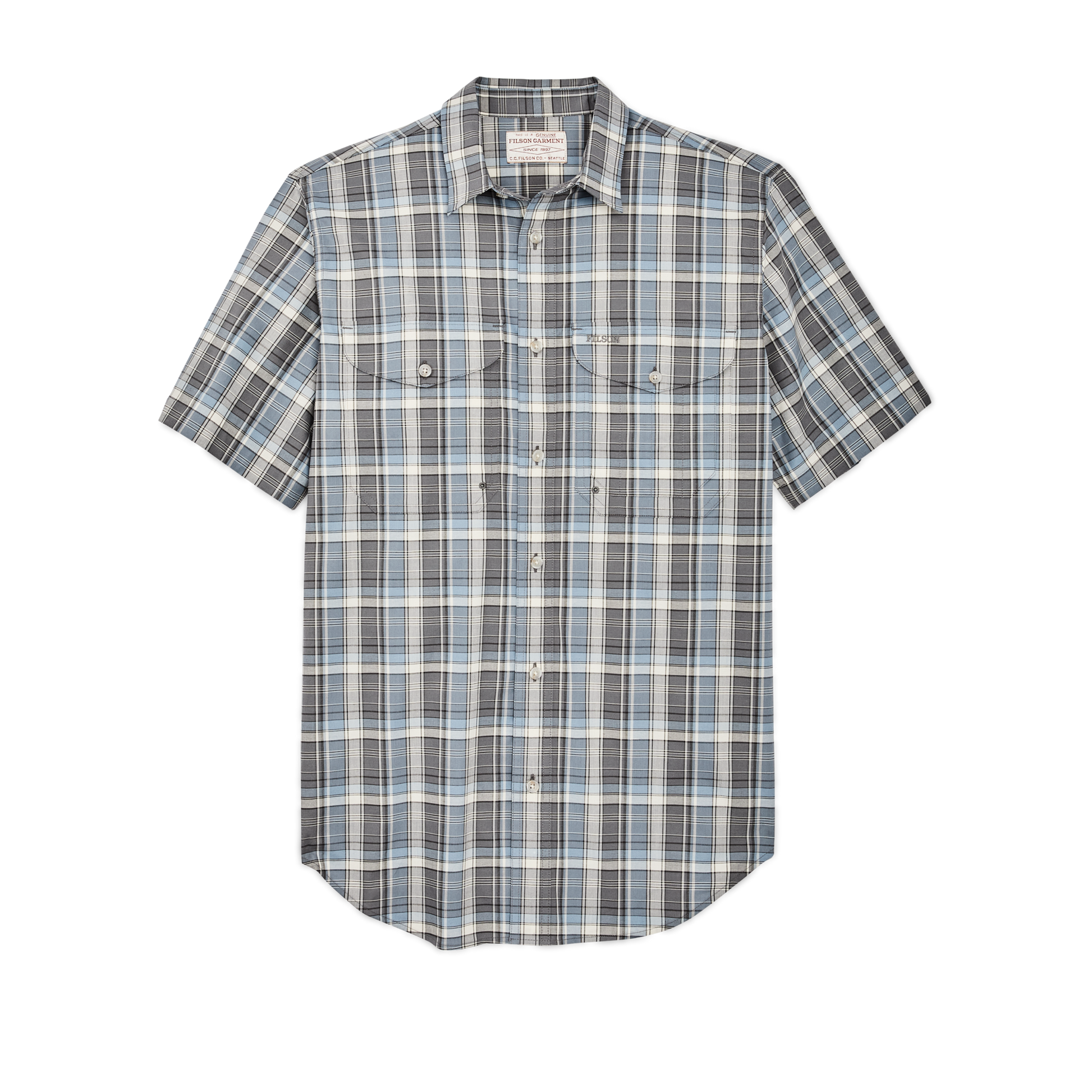 Front-facing image of the Filson Twin Lakes Short Sleeve Sport Shirt - Gray / Blue / Cream Plaid