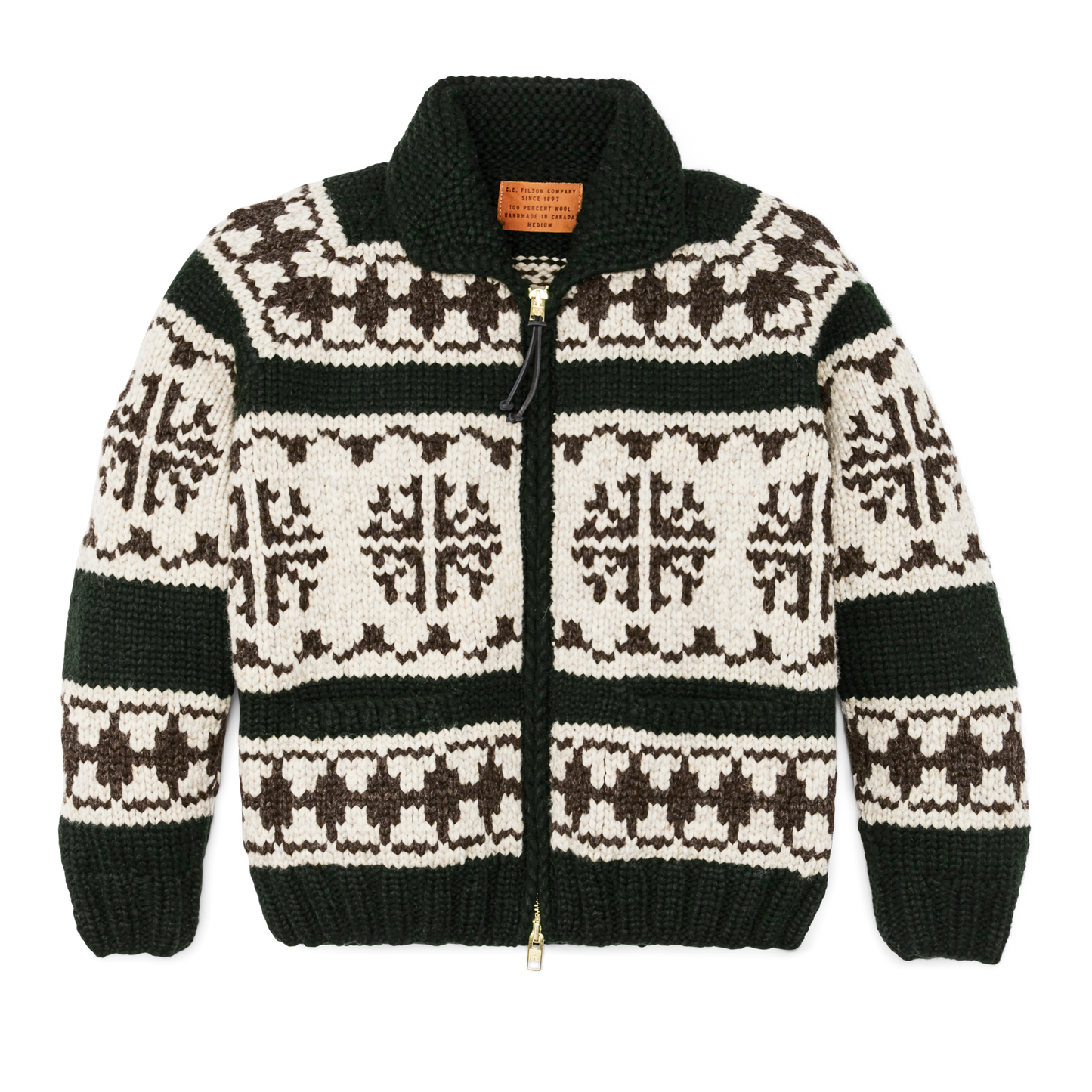 Front-facing image of the Filson Handmade Full-zip Sweater - Forest / Nordic