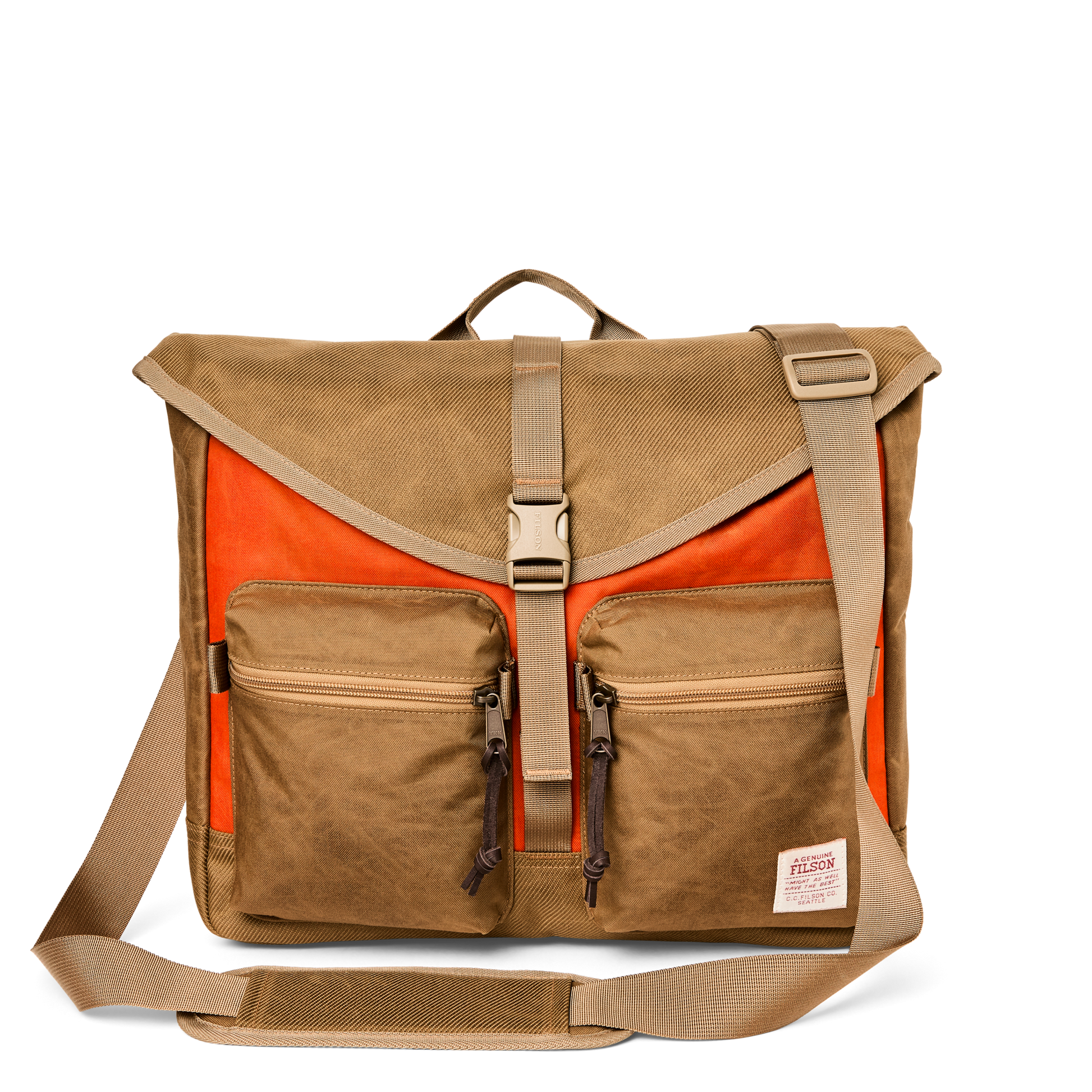 Front-facing image of the Filson Surveyor Messenger Bag - Dark Tan / Flame