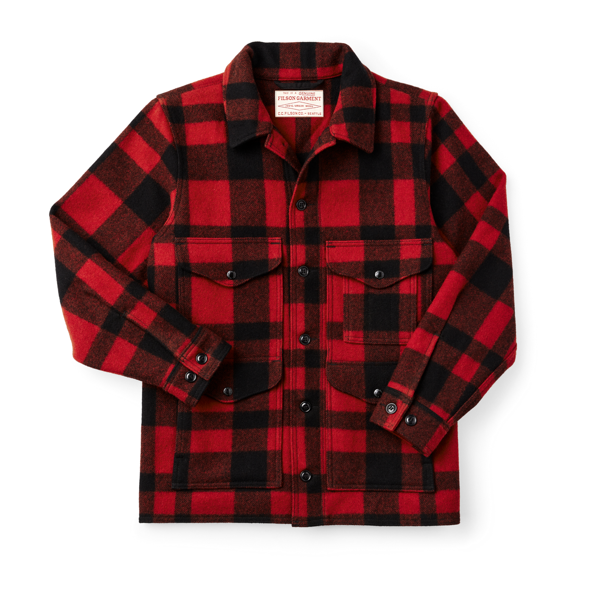 Front-facing image of the Filson Mackinaw Wool Cruiser Jacket - Red/black Plaid