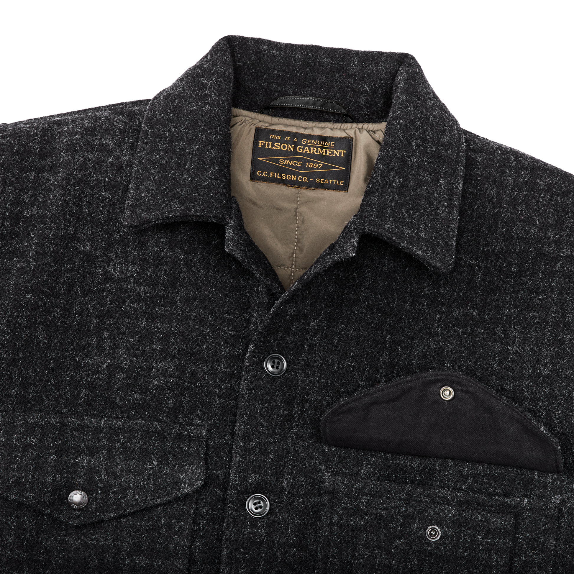 Alternate view of the Filson Mackinaw Wool Insulated Cruiser Jacket - Black Marl /  Heather Check