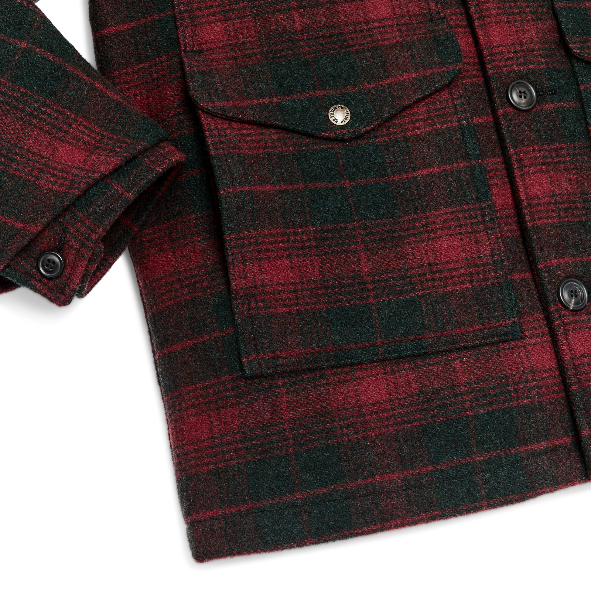 Alternate view of the Filson Lined Mackinaw Wool Packer Coat - Burgundy / Dark Olive Plaid