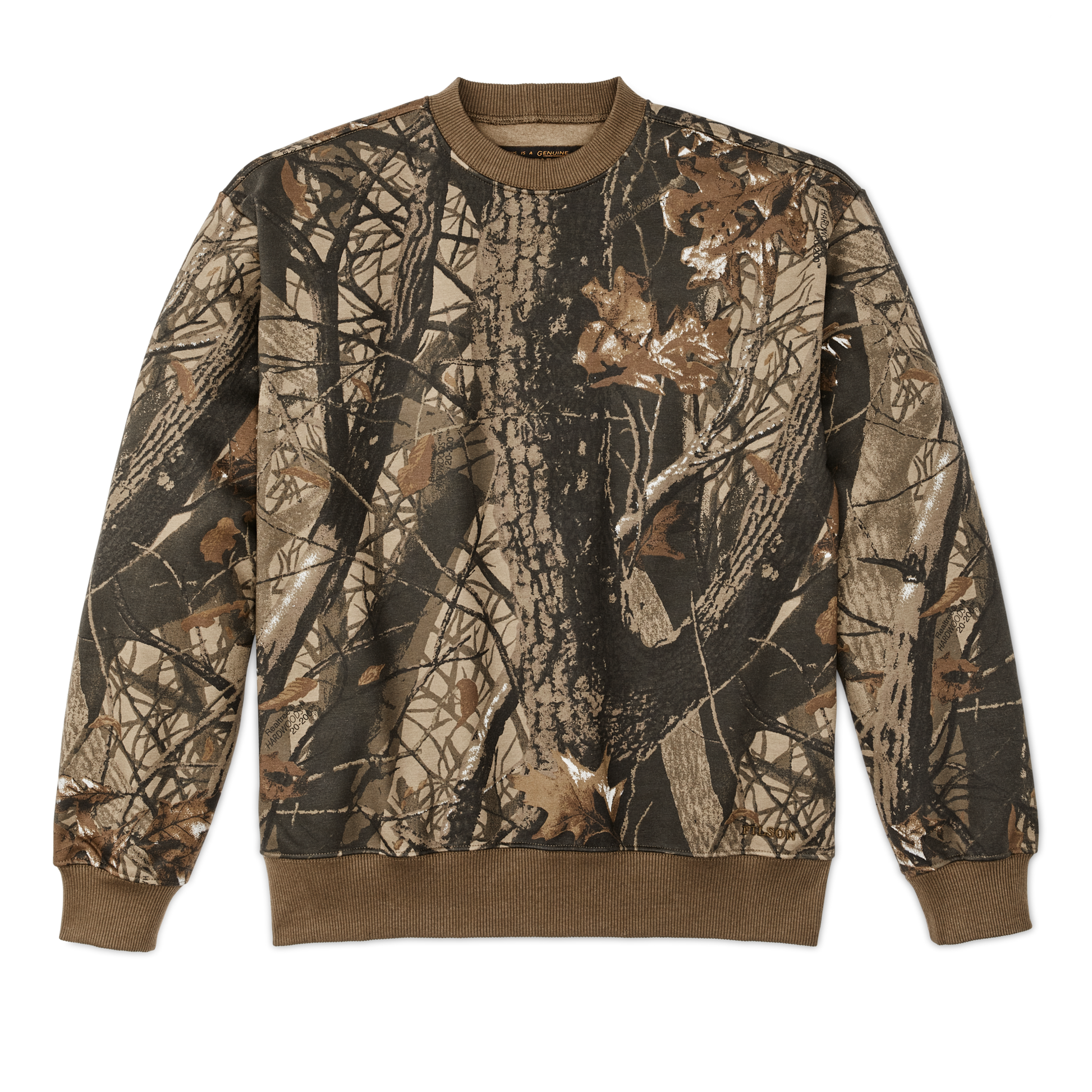 Front-facing image of the Filson Prospector Crewneck Sweatshirt - Realtree Hardwoods Camo