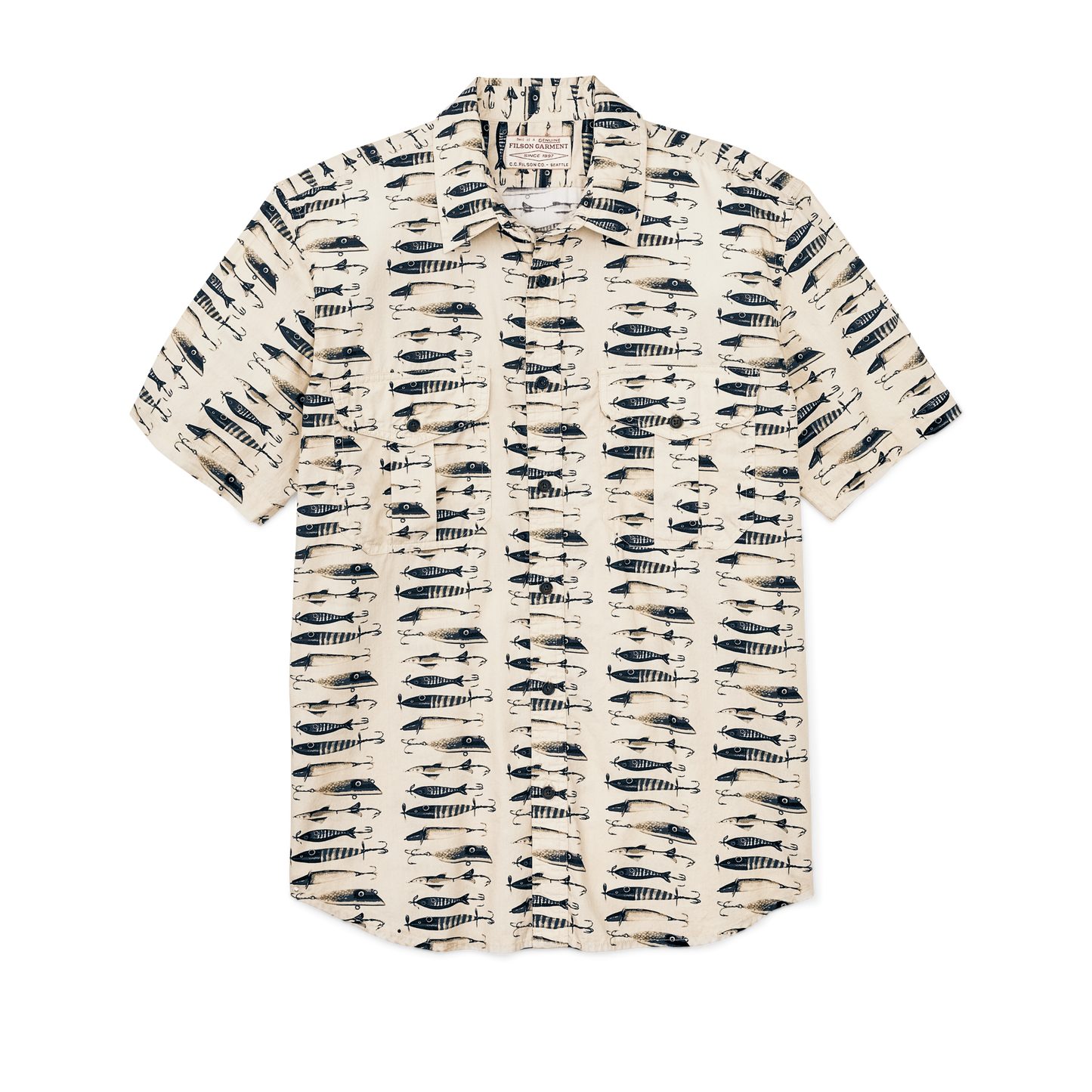 Front-facing image of the Filson Filson's Washed Short Sleeve Feather Cloth Shirt - Natural / Lures