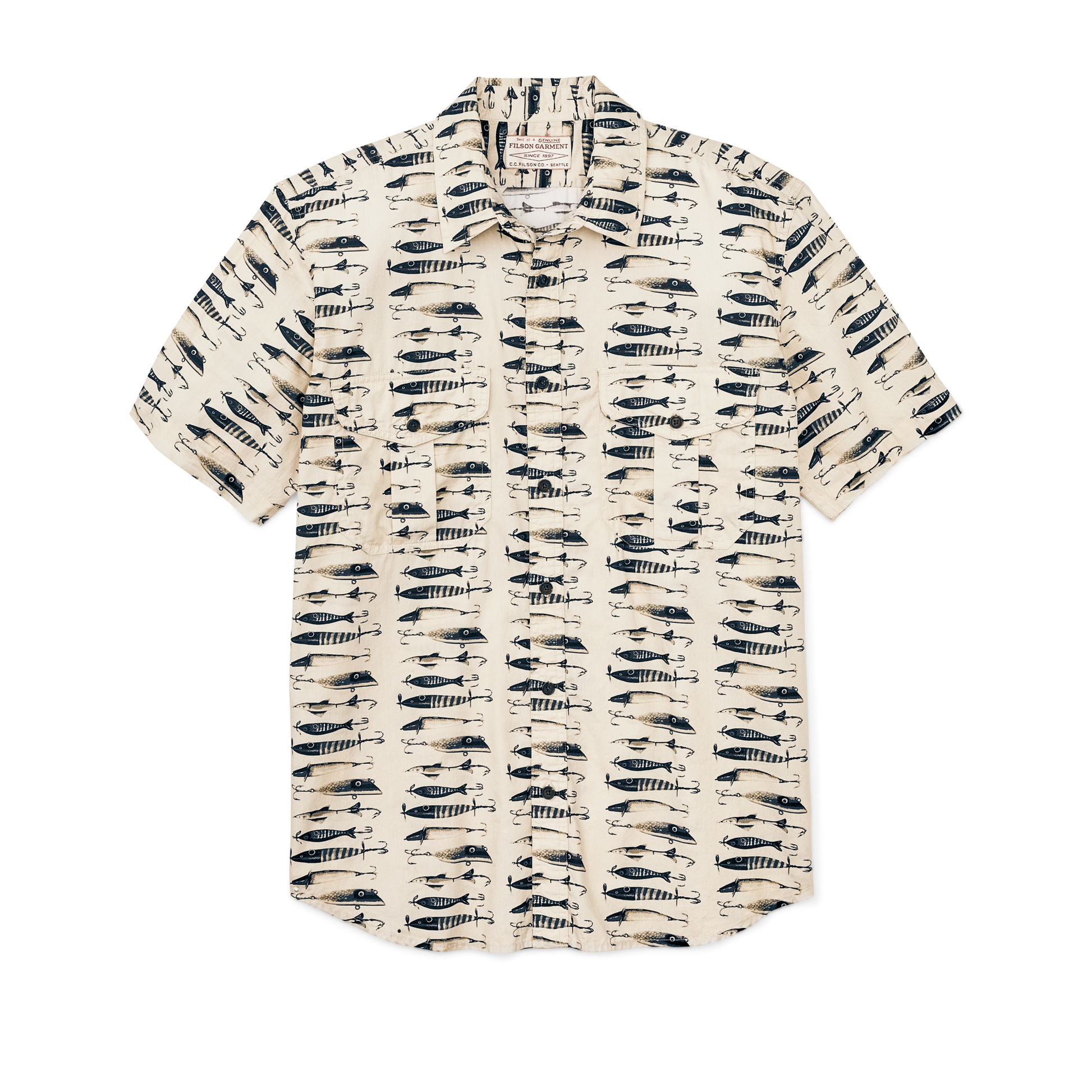 Front-facing image of the Filson Filson's Washed Short Sleeve Feather Cloth Shirt - Natural / Lures