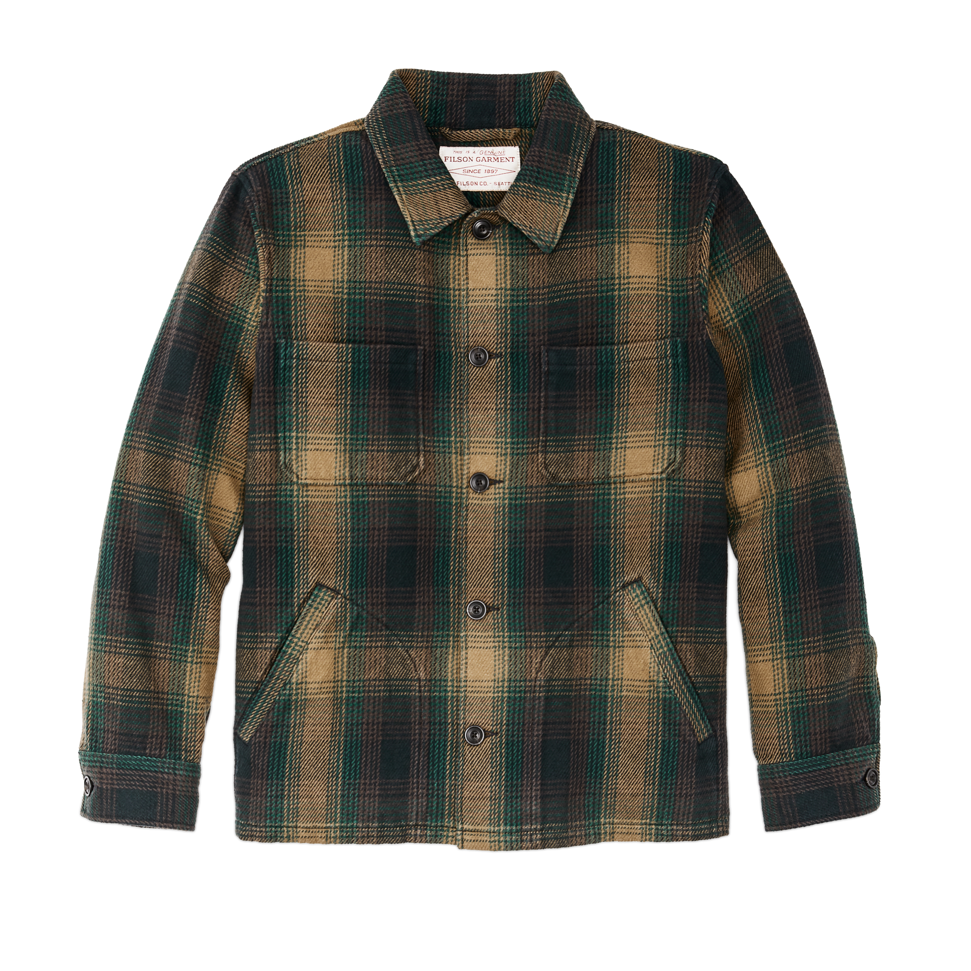 Front-facing image of the Filson Deer Island Ranch Coat - Dark Tan / Sycamore Ombre