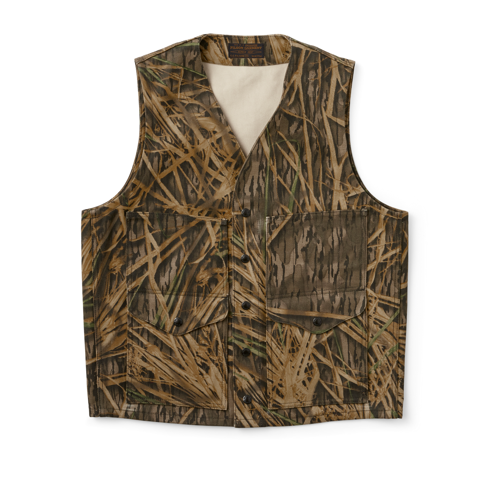 Front-facing image of the Filson Rugged Twill Cruiser Vest - Mossy Oak Shadow Grass