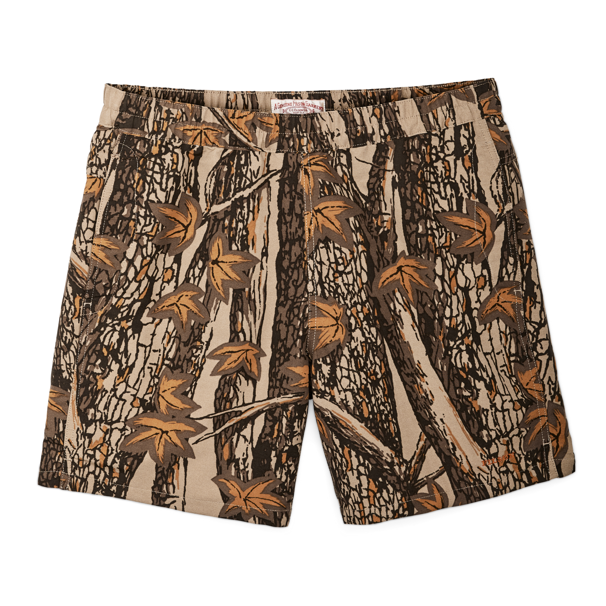 Front-facing image of the Filson Cooper Lake Trunks  - Maple Bark Camo / Tan