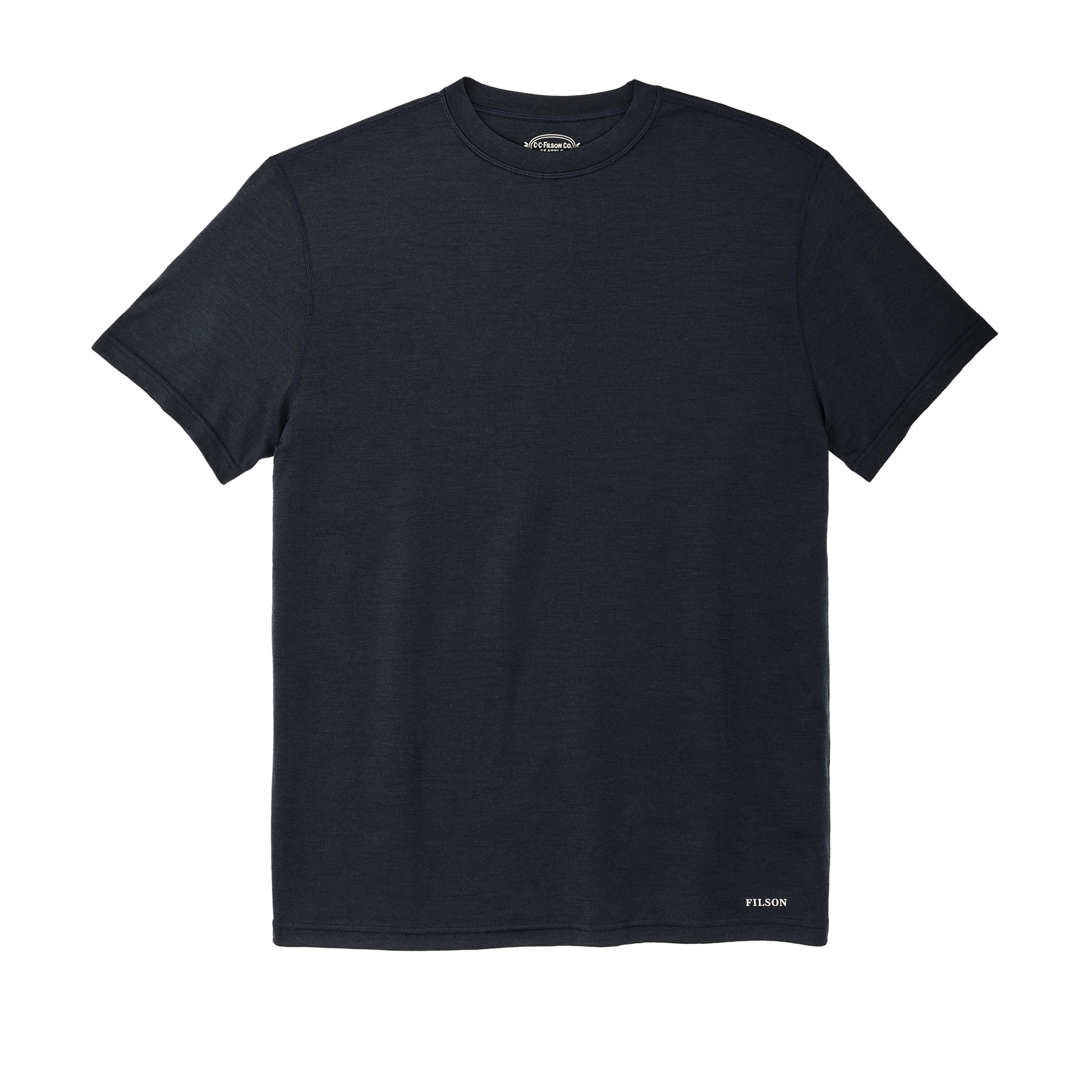 Front-facing image of the Filson 210g Merino Wool Short Sleeve Crewneck - Dark Navy