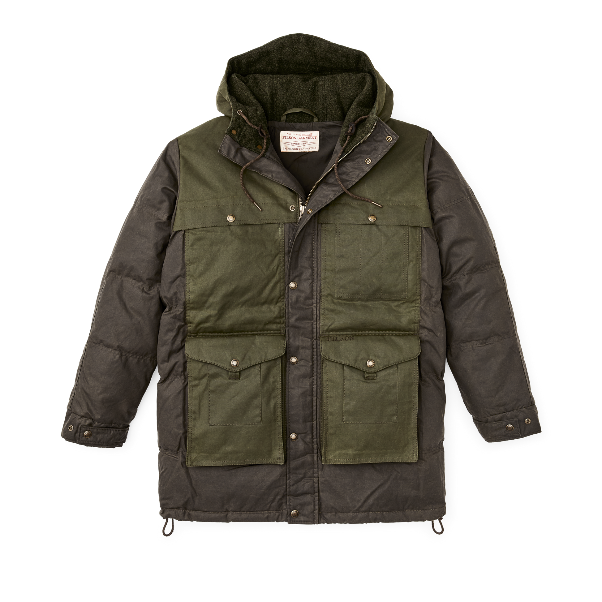 Front-facing image of the Filson Down Cruiser Parka - Otter Green