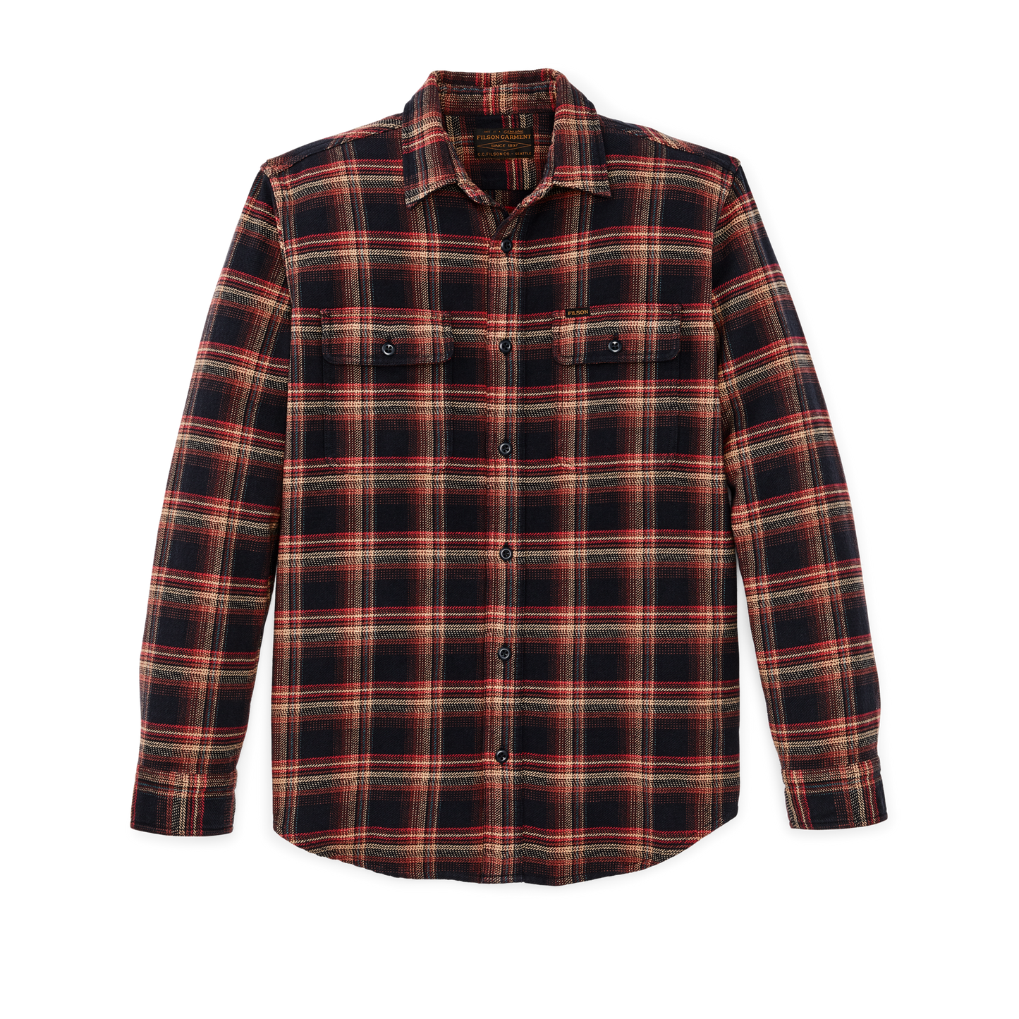 Front-facing image of the Filson Vintage Flannel Work Shirt - Black / Rust / Multi Plaid