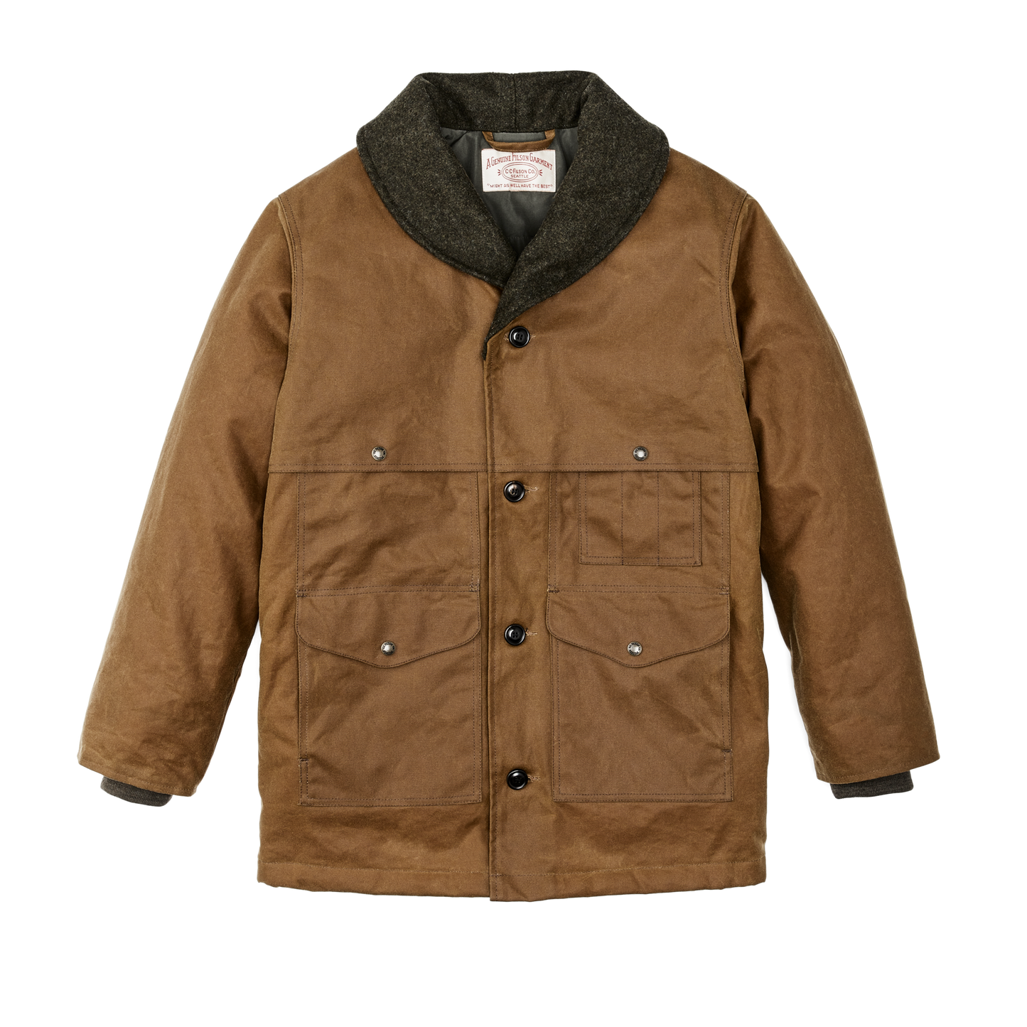 Front-facing image of the Filson Tin Cloth Insulated Packer Coat - Dark Tan