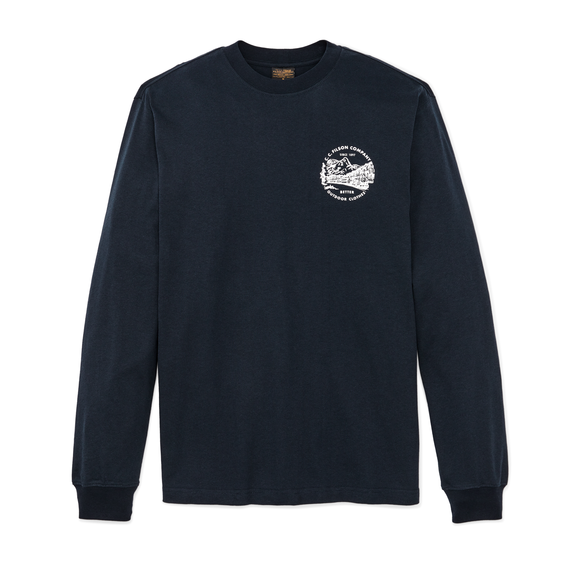 Front-facing image of the Filson Long Sleeve Frontier Graphic T-shirt - Navy / Northwest