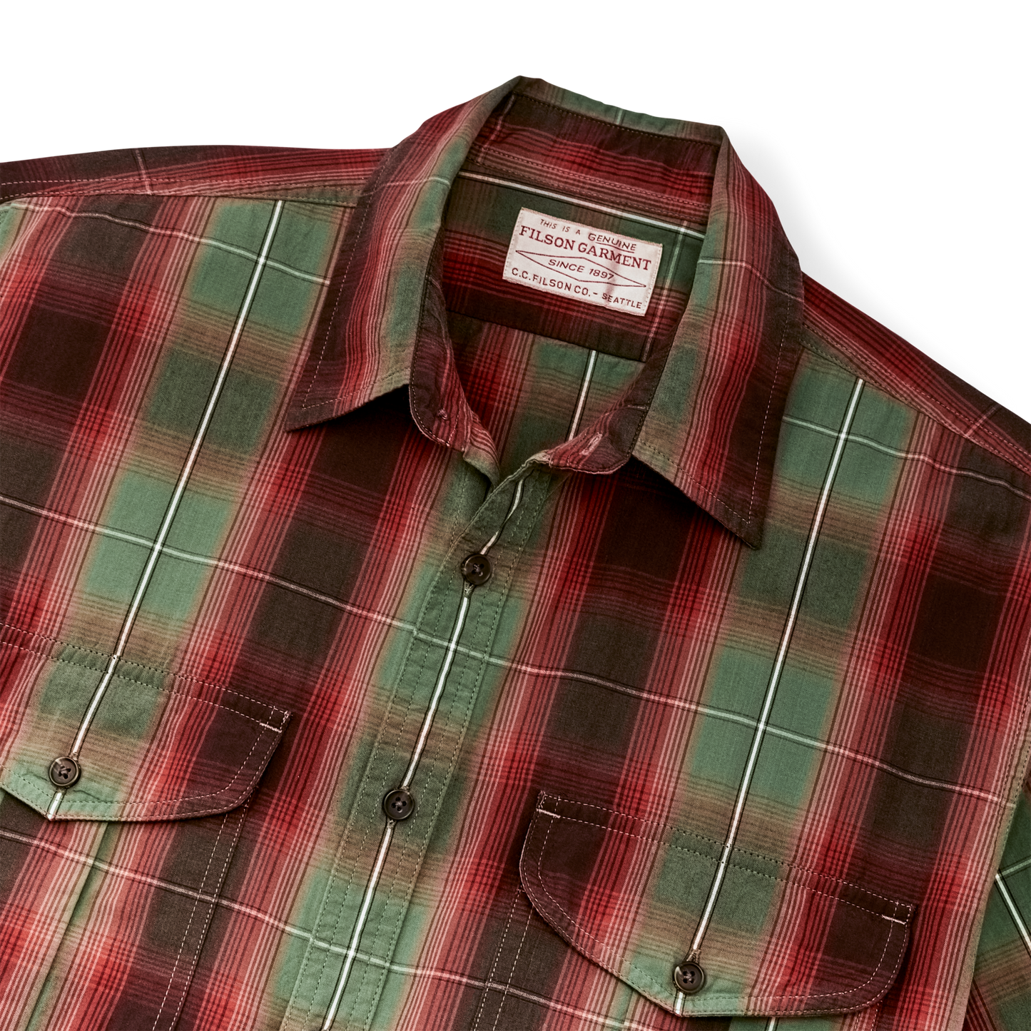 Alternate view of the Filson Filson's Washed Short Sleeve Feather Cloth Shirt - Green / Red / Black Ombre