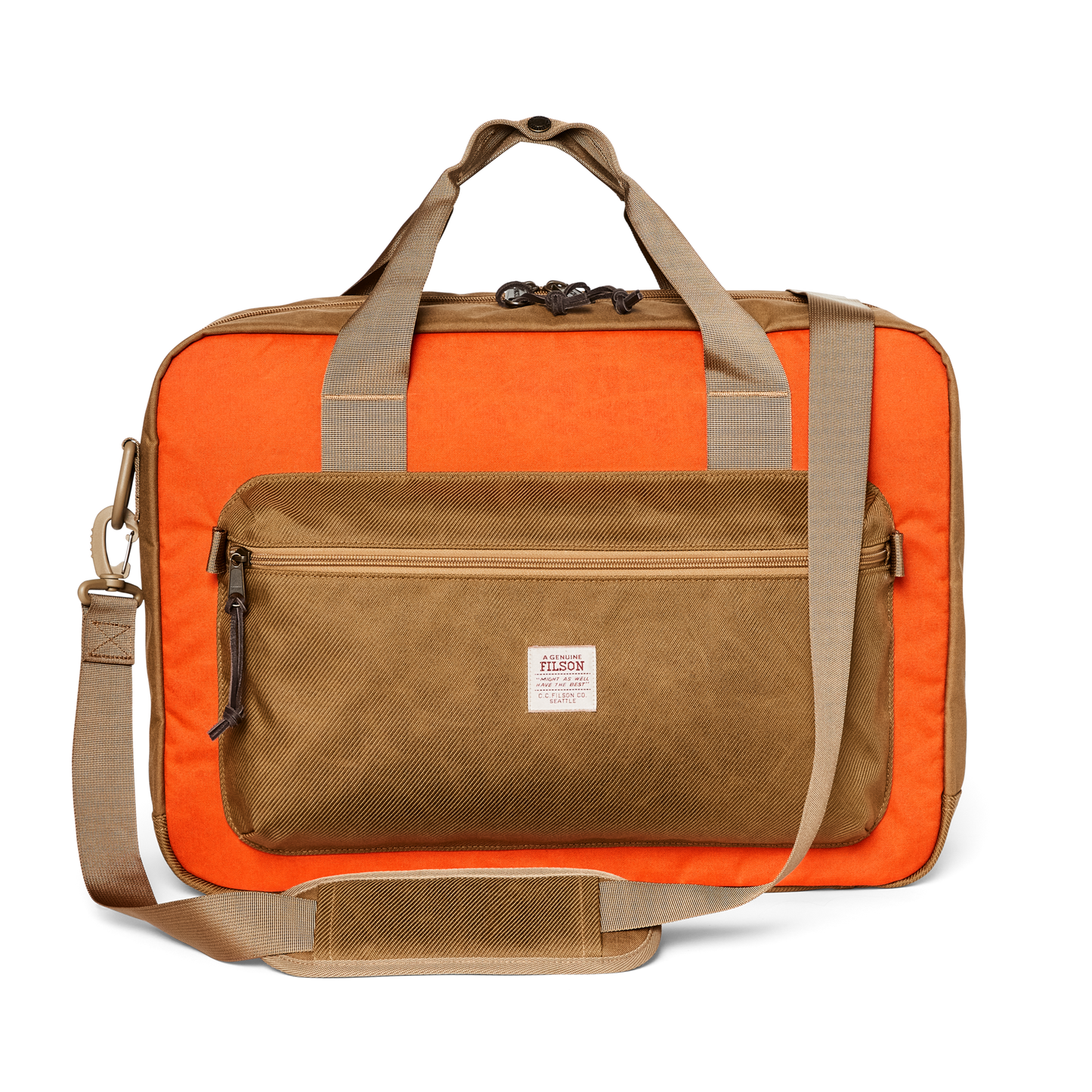 Front-facing image of the Filson Surveyor Pullman Pack - Dark Tan / Flame