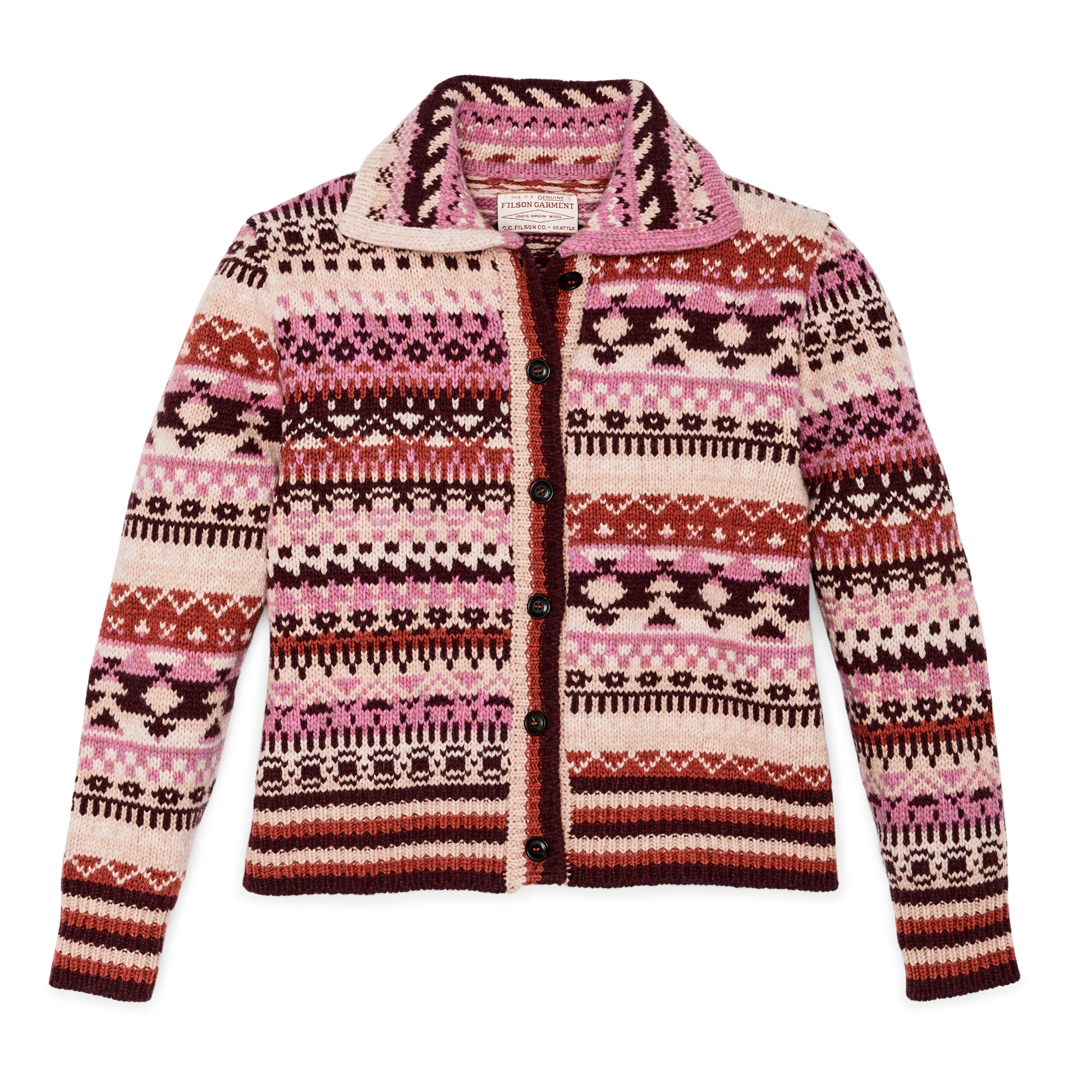 Front-facing image of the Filson Women's Fair Isle Cardigan - Burgundy / Cream / Multi