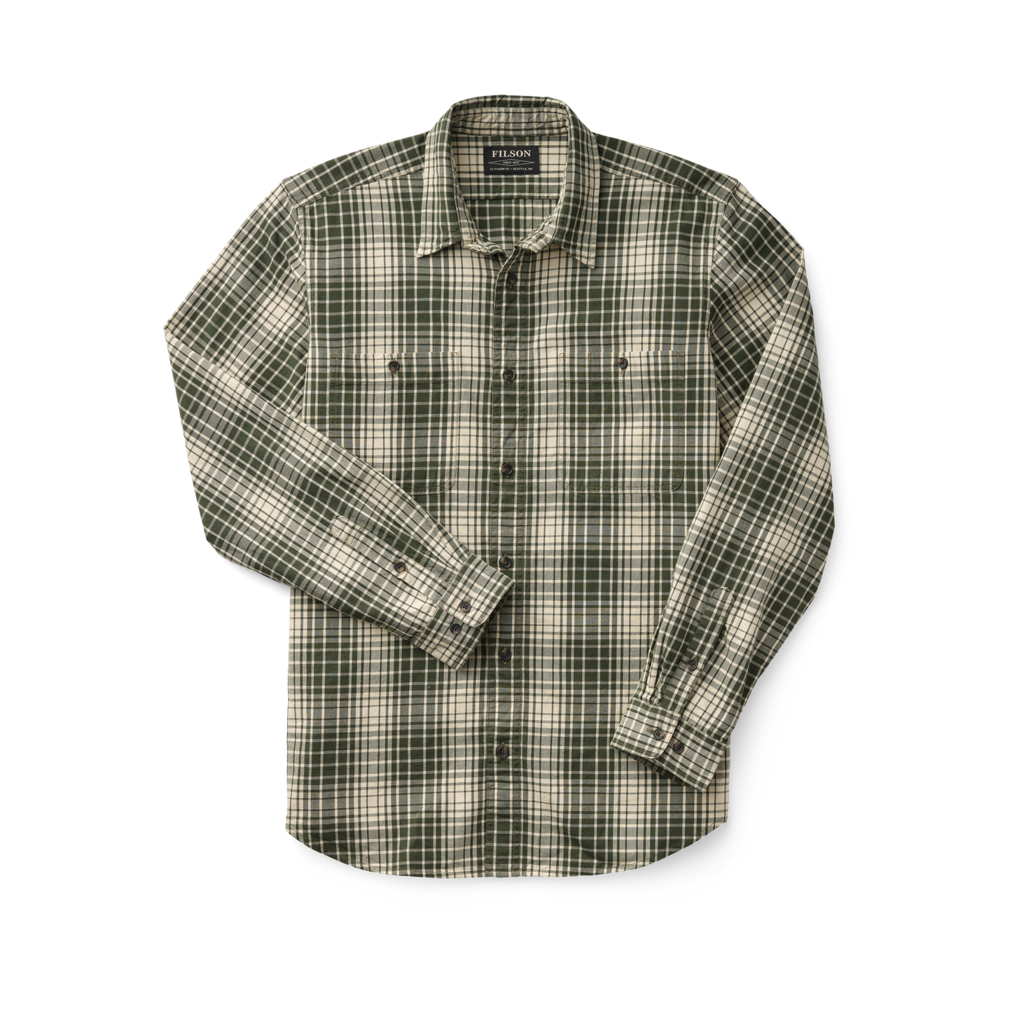 Front-facing image of the Filson Wildwood Shirt - Olive/khaki Plaid