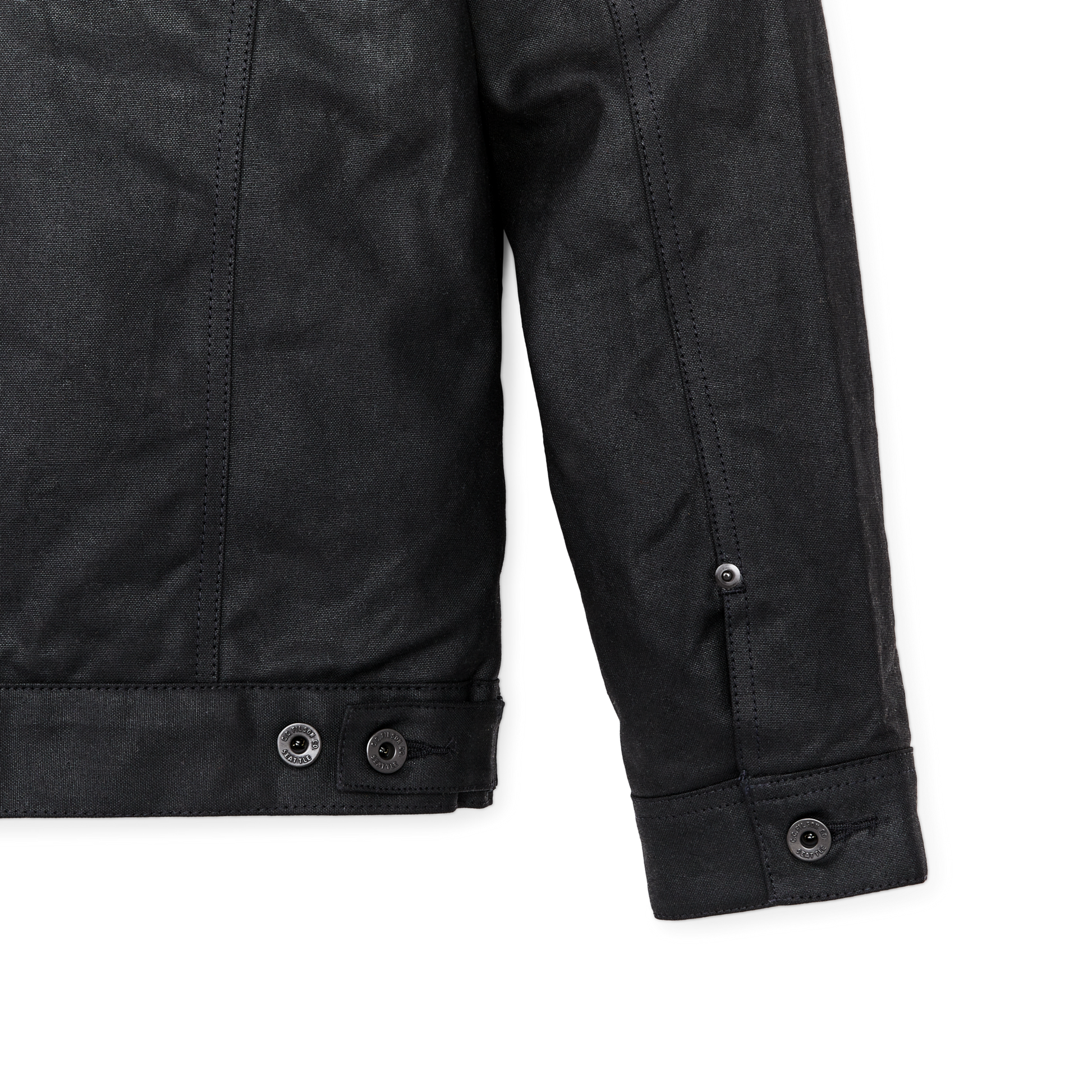 Alternate view of the Filson Tin Cloth Short Lined Cruiser Jacket - Black|Metal shank-button front cuff closures