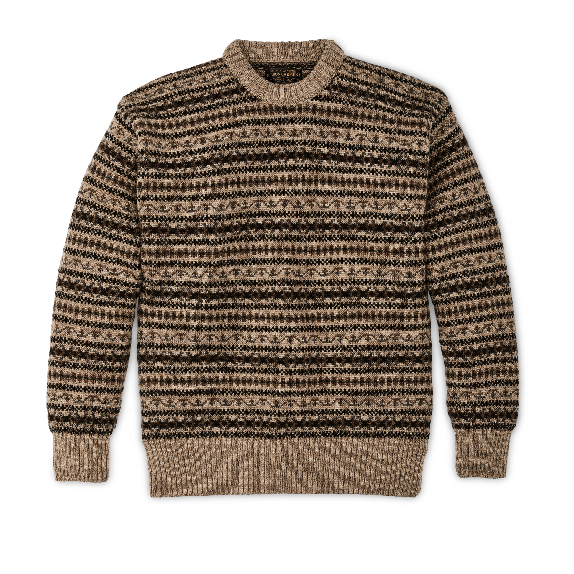 Front-facing image of the Filson Fairisle Crewneck Sweater - Fawn / Multi