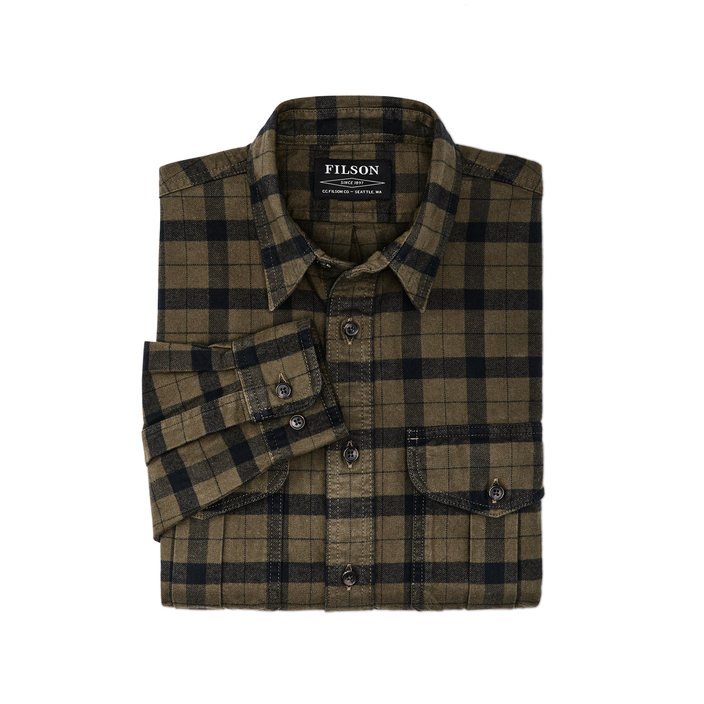 alternate image of filson's alaskan guide shirt, a men's long sleeve shirt constructed in cotton, shown in otter green/black