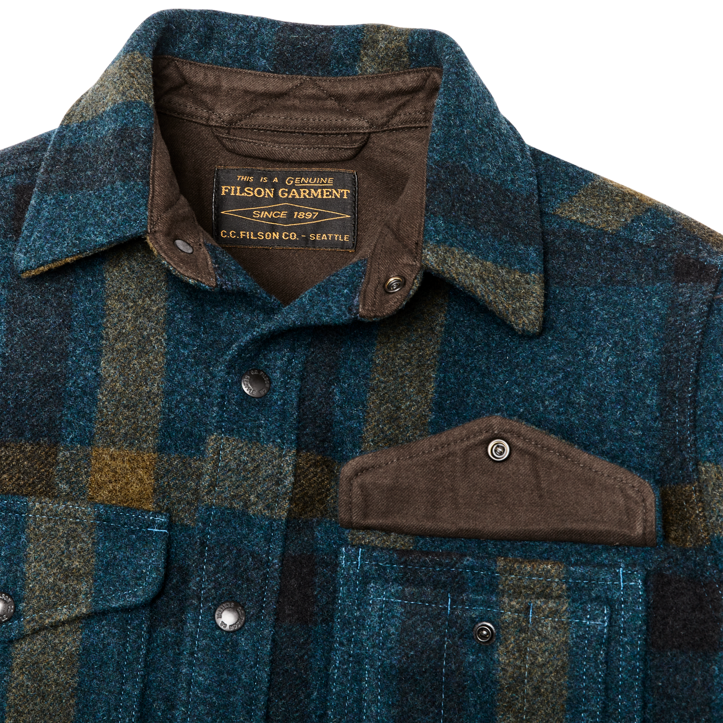 Alternate view of the Filson Lined Mackinaw Wool Jac-shirt - Teal / Ochre Plaid