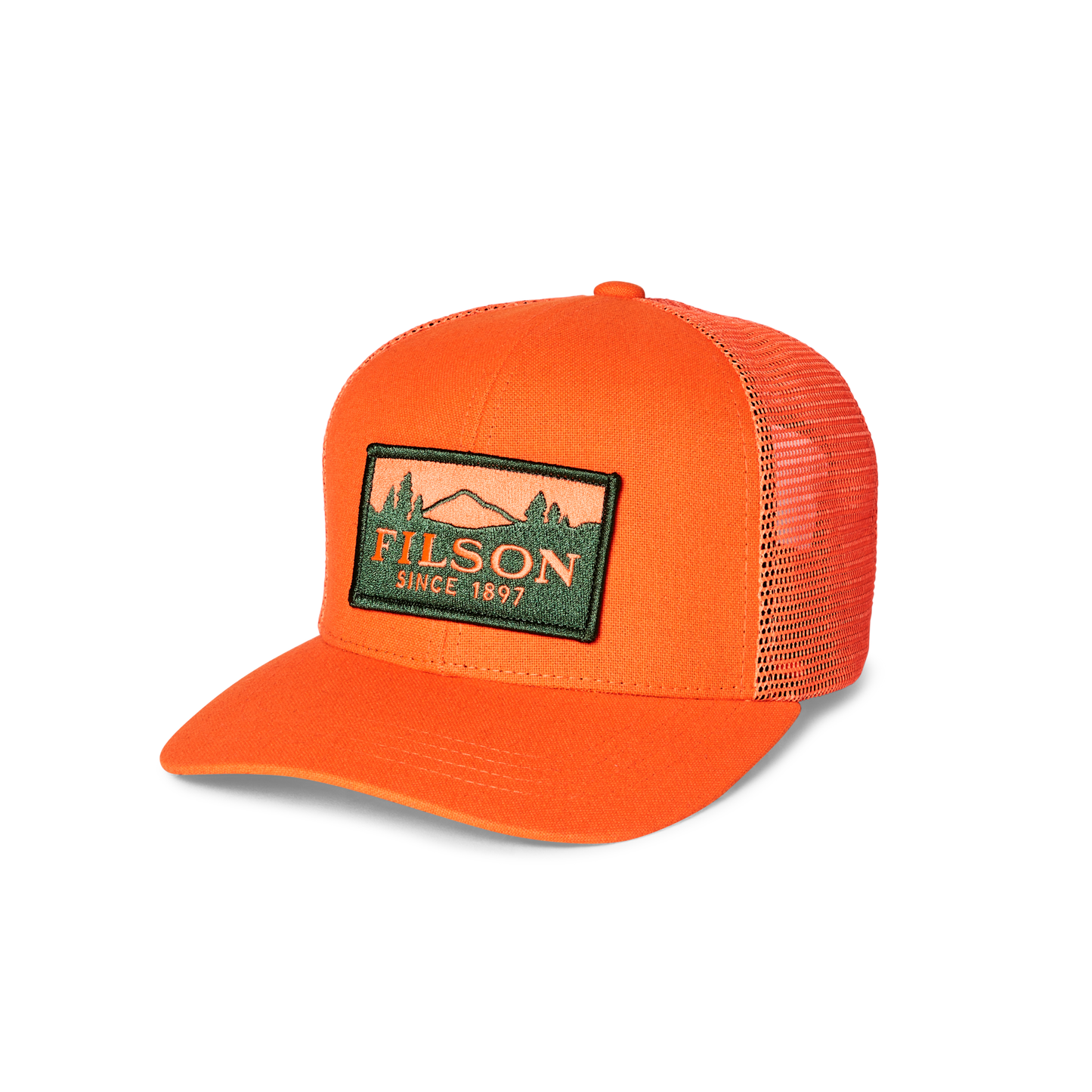 Front-facing image of the Filson Logger Mesh Cap - Blaze Orange