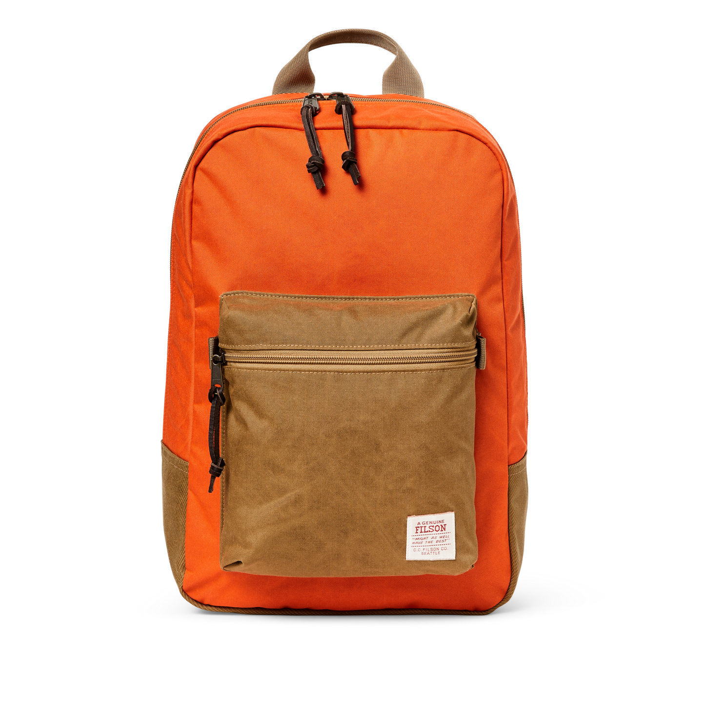 Front-facing image of the Filson Surveyor 25l Backpack - Dark Tan / Flame