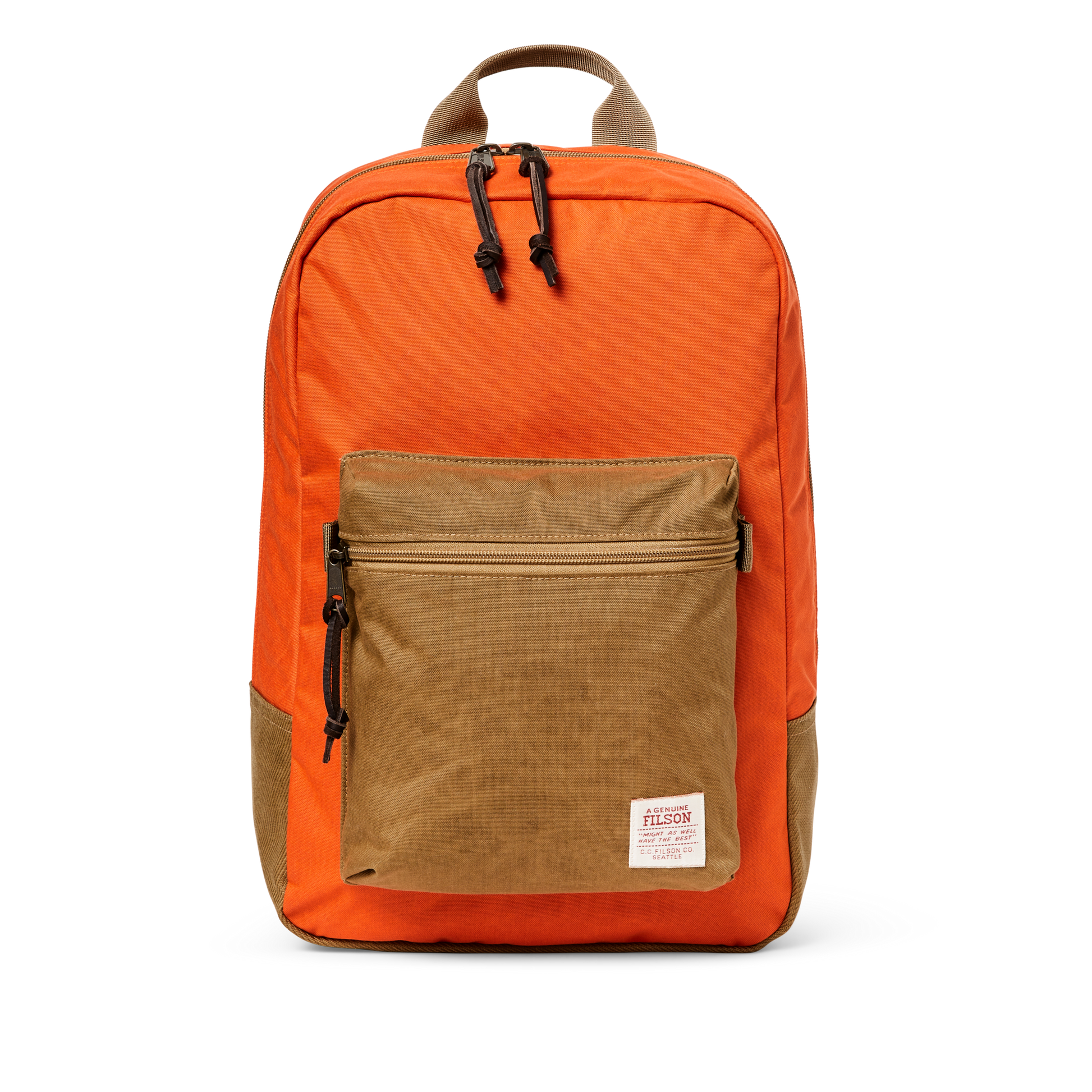 Front-facing image of the Filson Surveyor 25l Backpack - Dark Tan / Flame