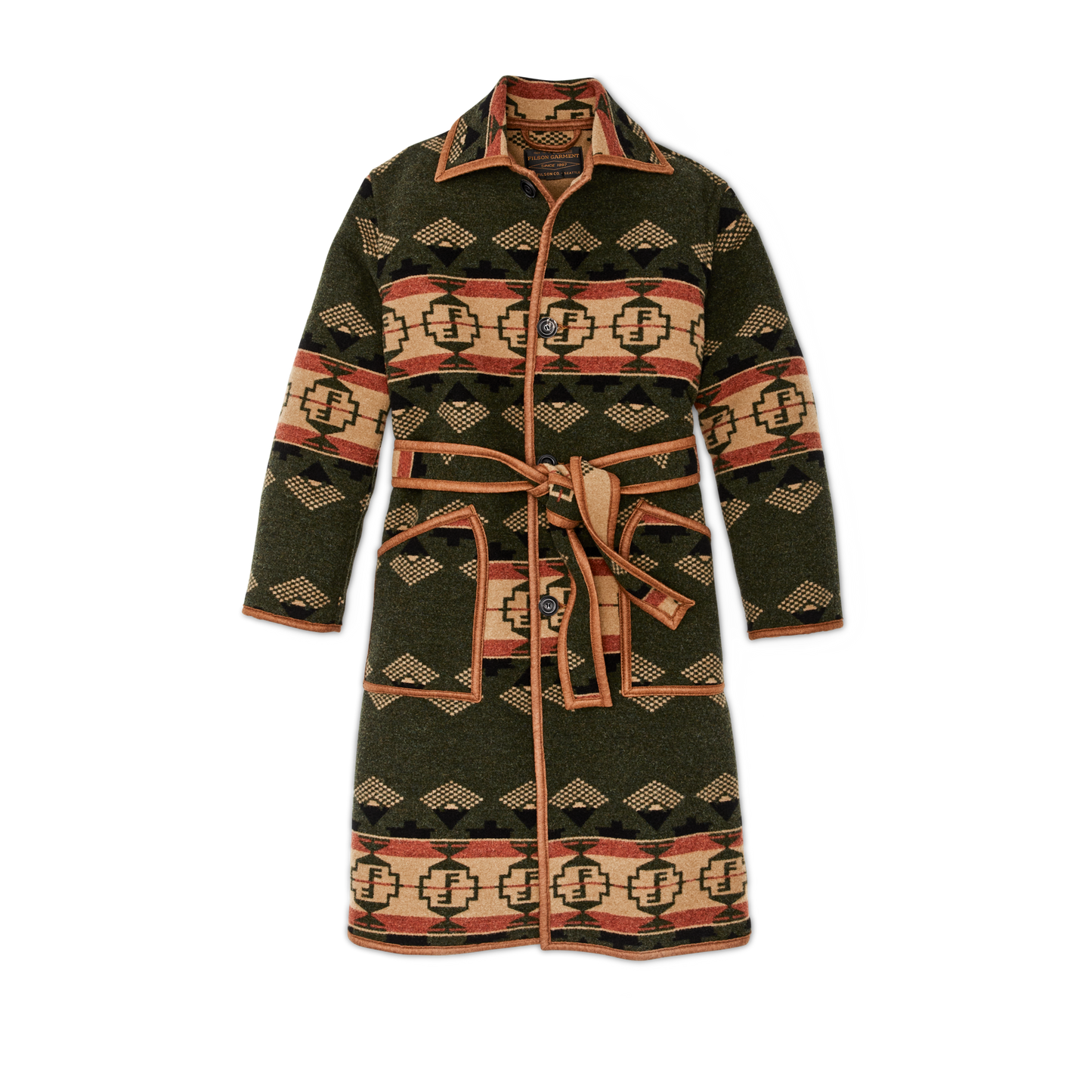 Front-facing image of the Filson Filson Forestry Wool Blanket Robe - Dark Timber / Tan Multi