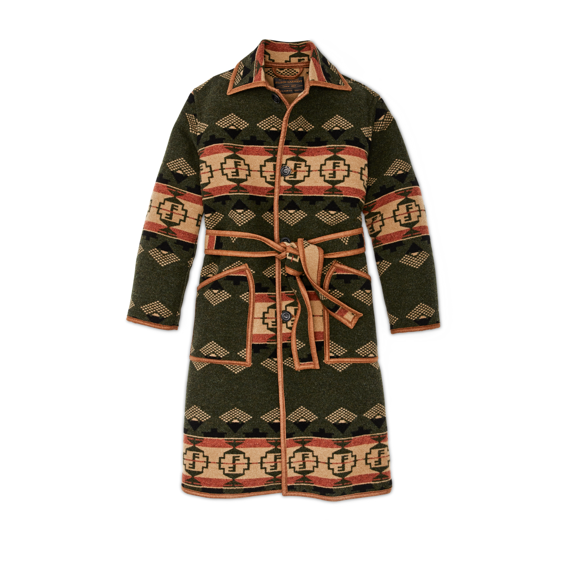 Front-facing image of the Filson Filson Forestry Wool Blanket Robe - Dark Timber / Tan Multi