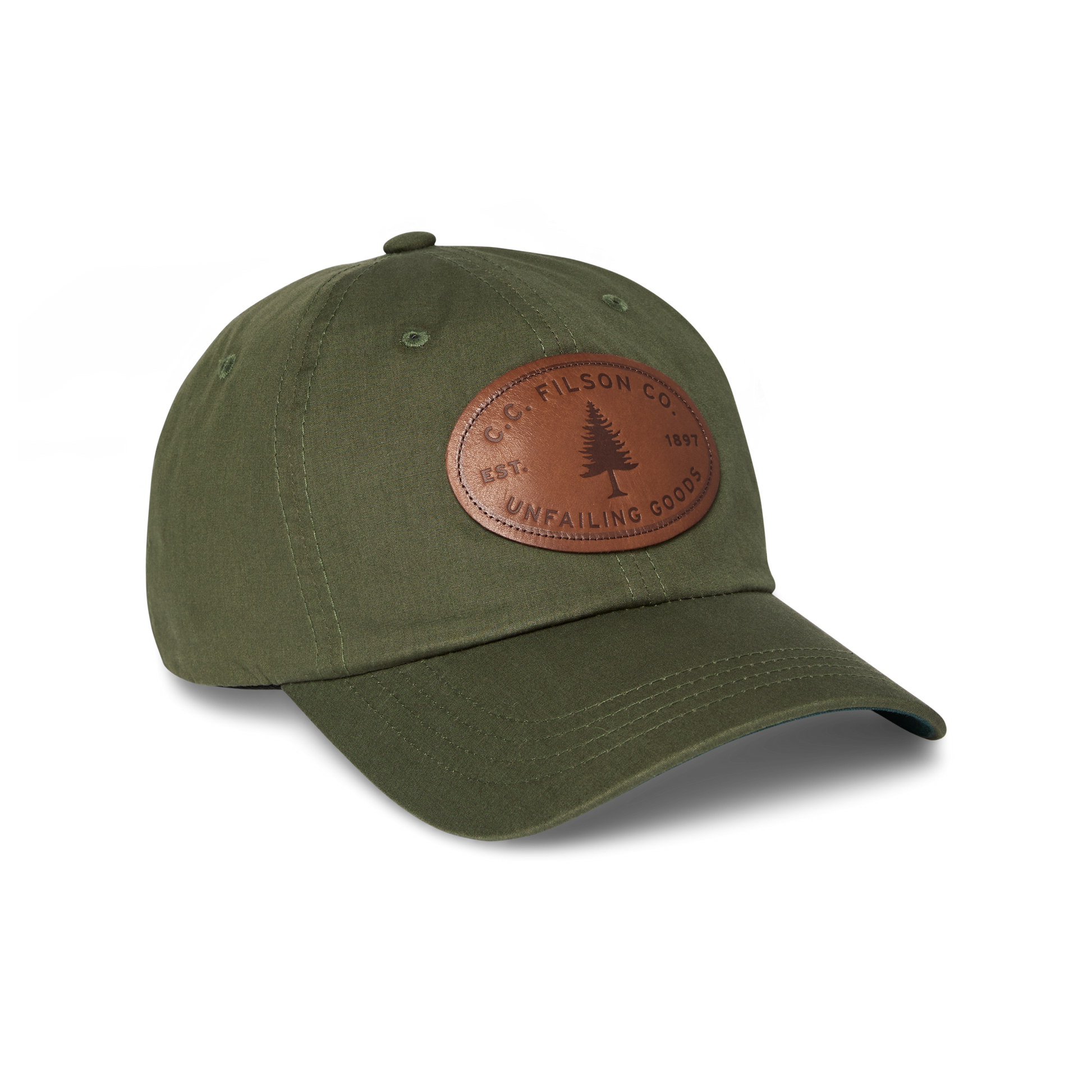 Front-facing image of the Filson Lightweight Angler Cap - Dark Forest / Evergreen Patch