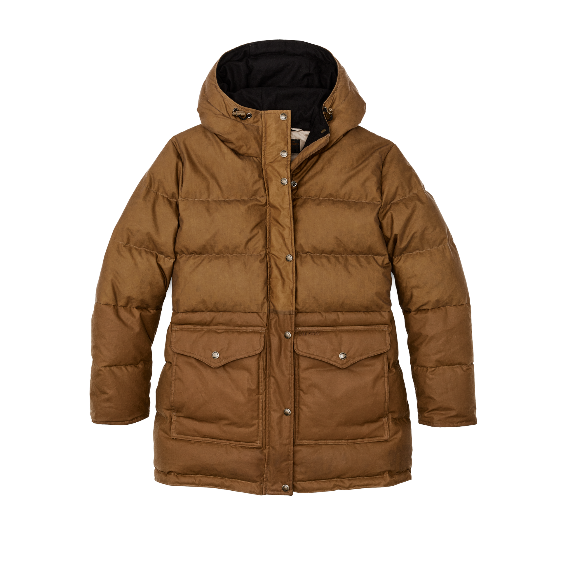 Front-facing image of the Filson Women's Waxed Down Parka - Dark Tan