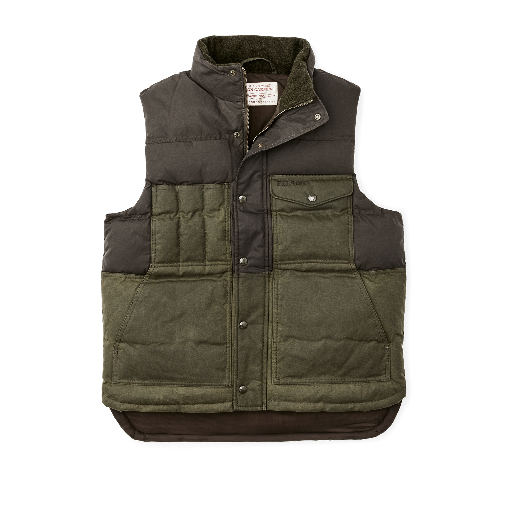 Front-facing image of the Filson Down Cruiser Vest - Otter Green