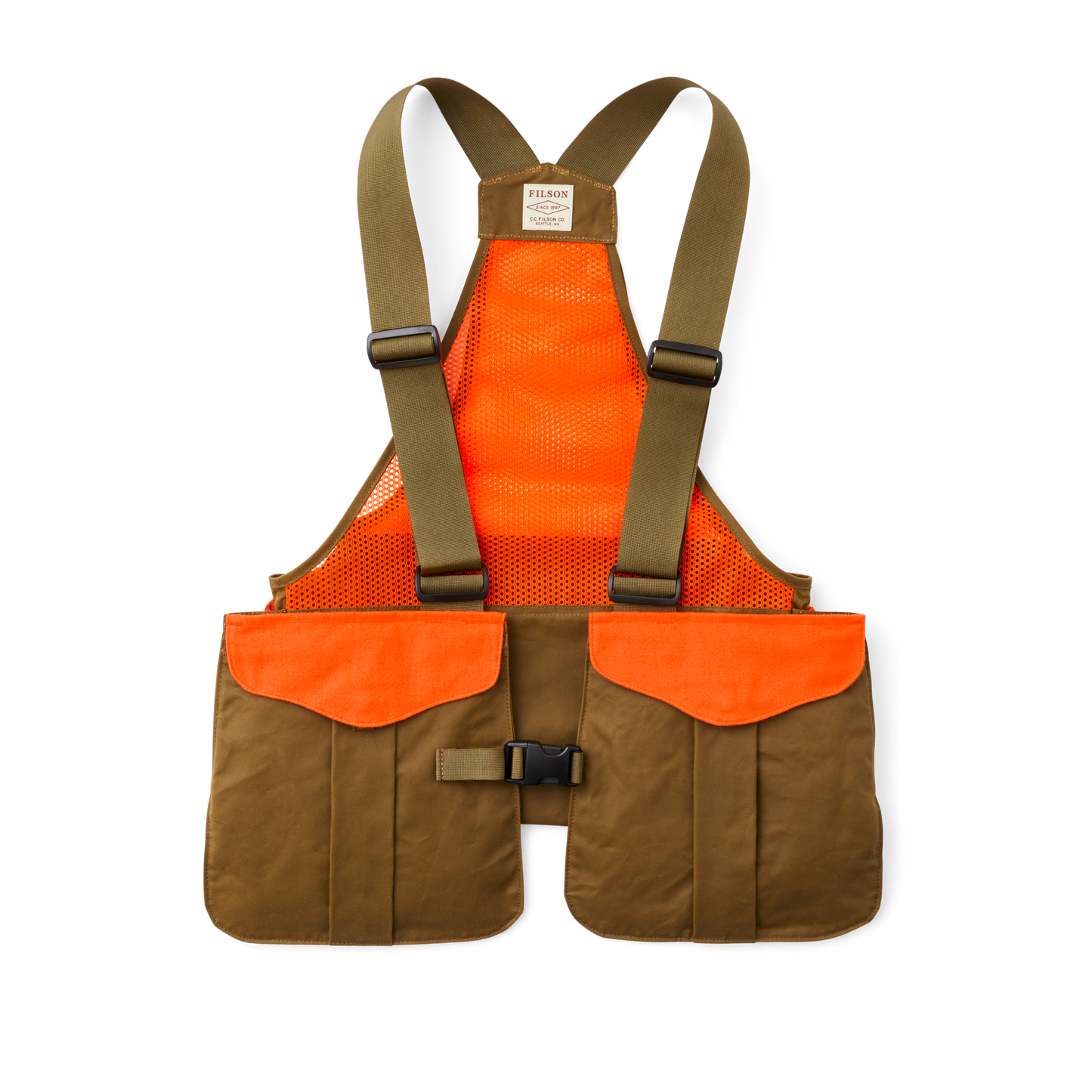 Front-facing image of the Filson Mesh Game Bag - Dark Tan / Blaze Orange