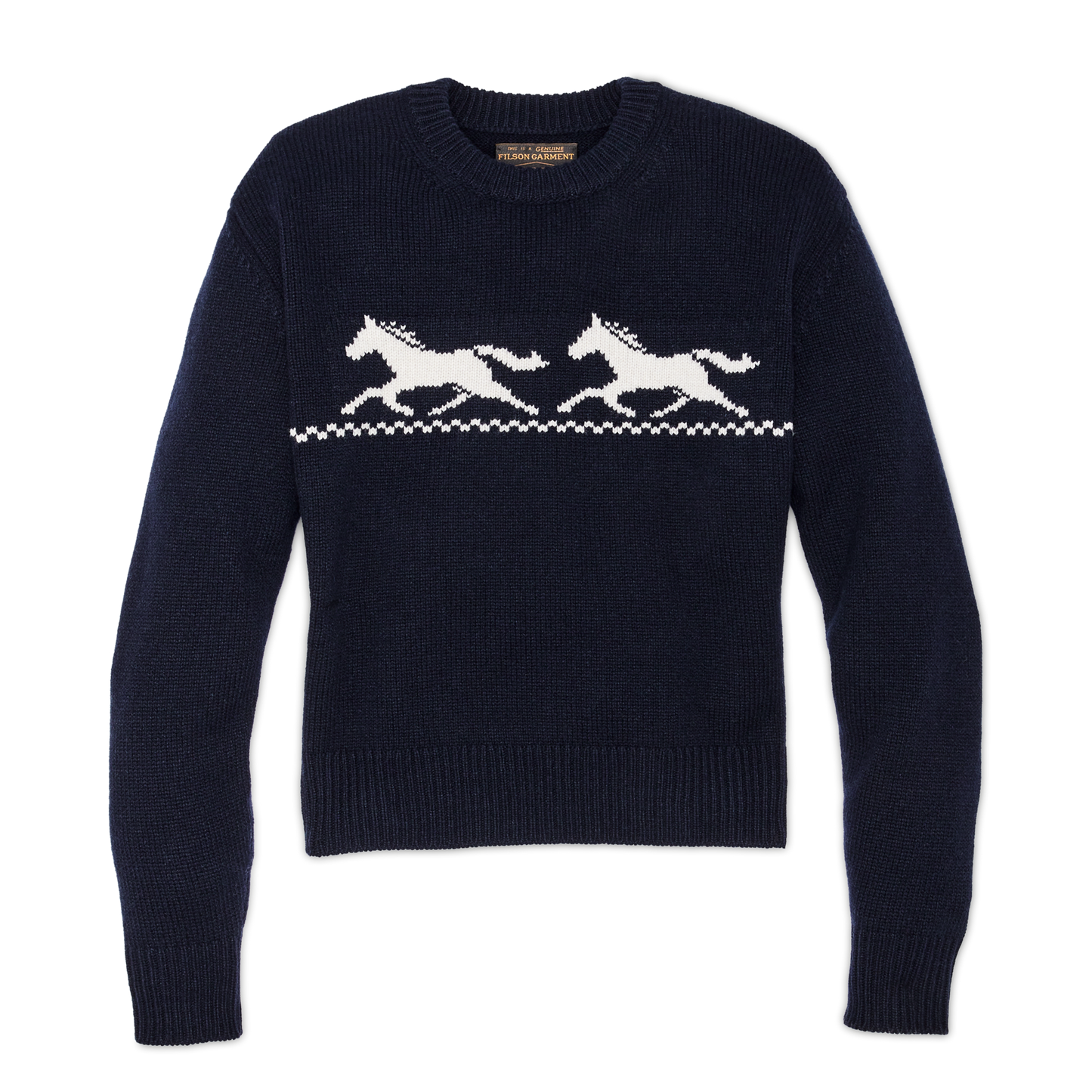 Front-facing image of the Filson Women's Wool Crewneck Sweater - Navy / Horse