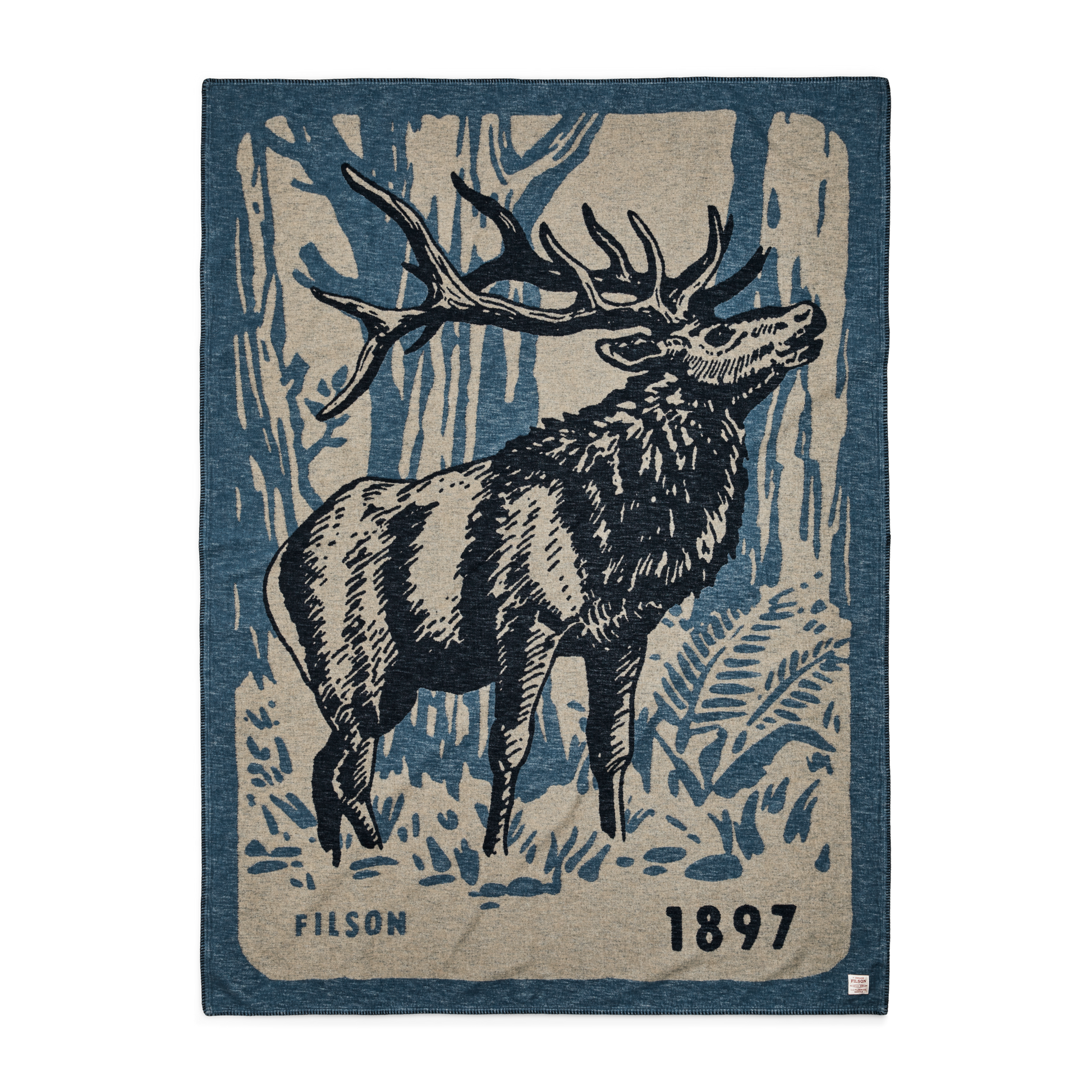 Front-facing image of the Filson Cotton Blanket - Blue / Elk Woods