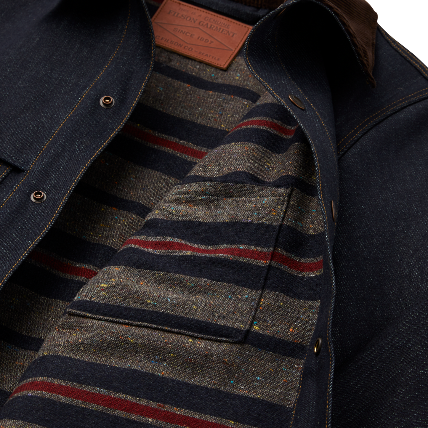 Alternate view of the Filson Lined Denim Cruiser Jacket - Raw Indigo / Canteen Stripe