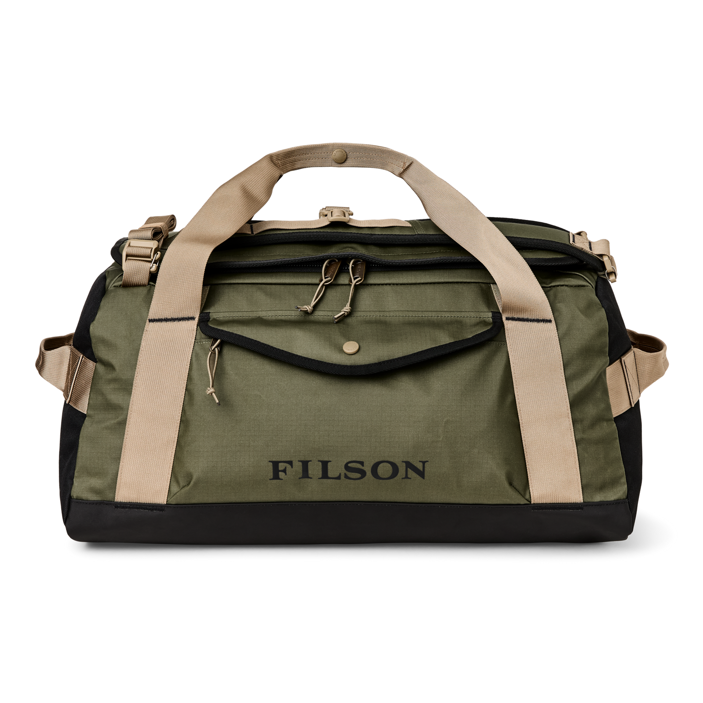 Front-facing image of the Filson Scout Medium Duffle - Olive / Black / Covert