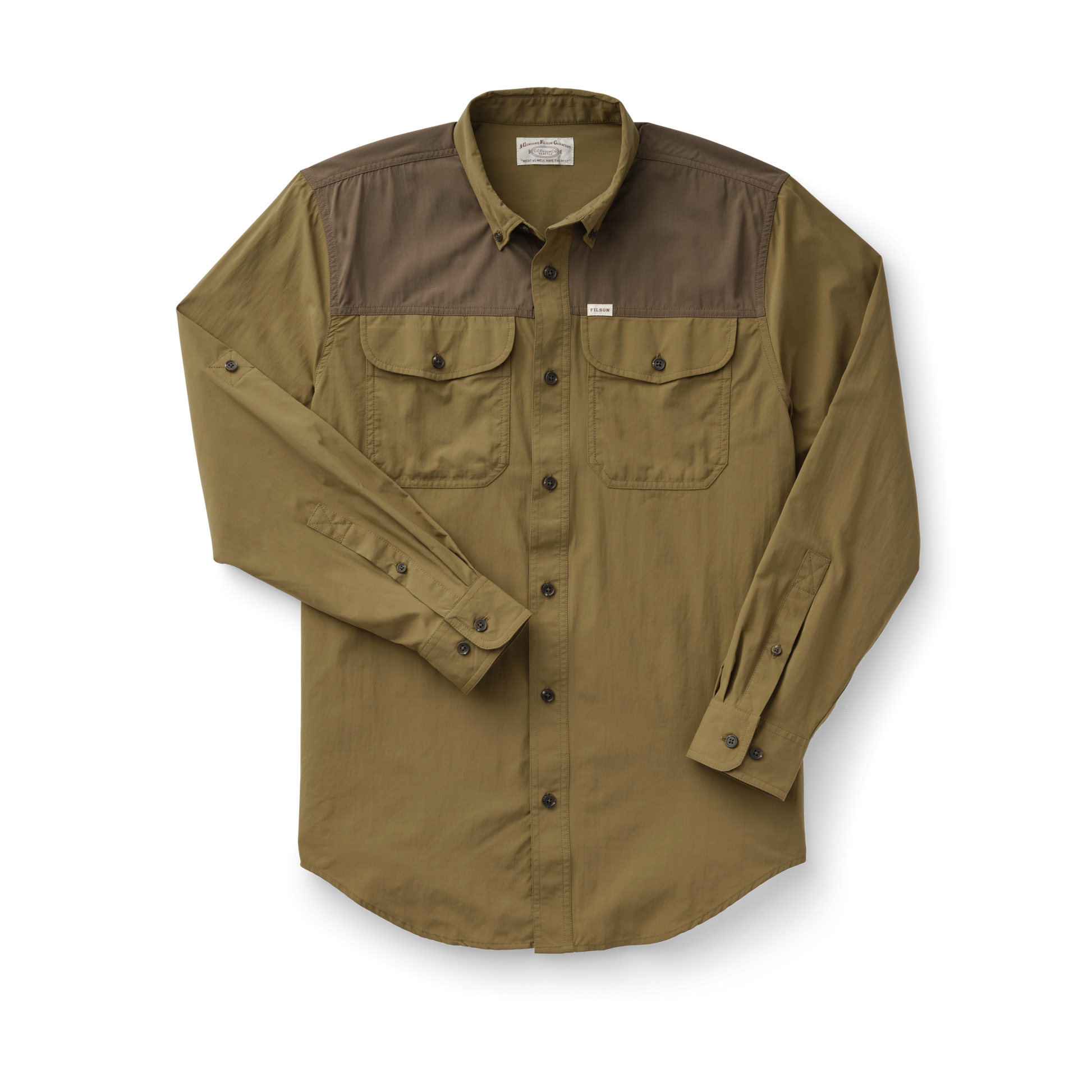 Front-facing image of the Filson Sportsman's Shirt - Olive Drab / Root