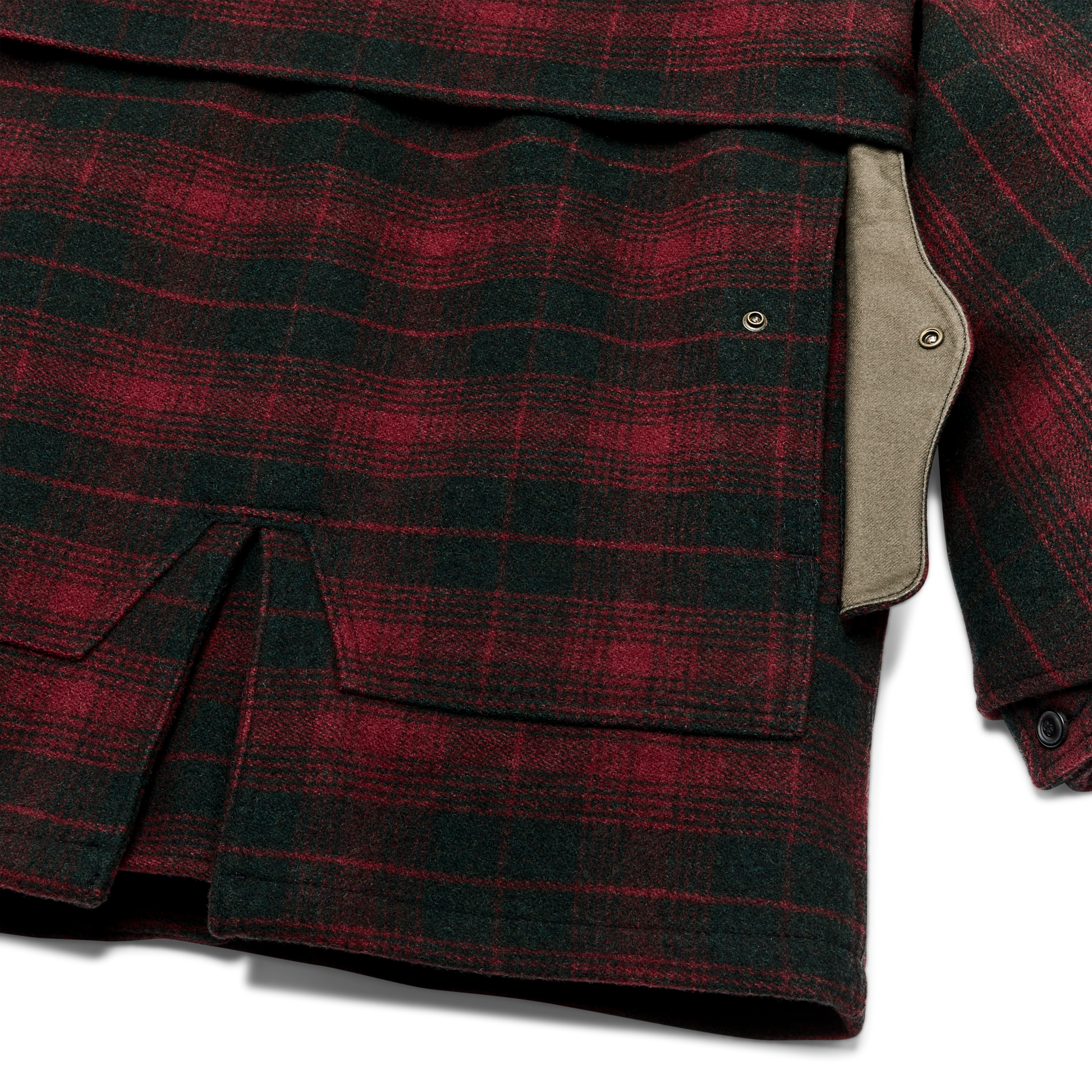 Alternate view of the Filson Lined Mackinaw Wool Packer Coat - Burgundy / Dark Olive Plaid