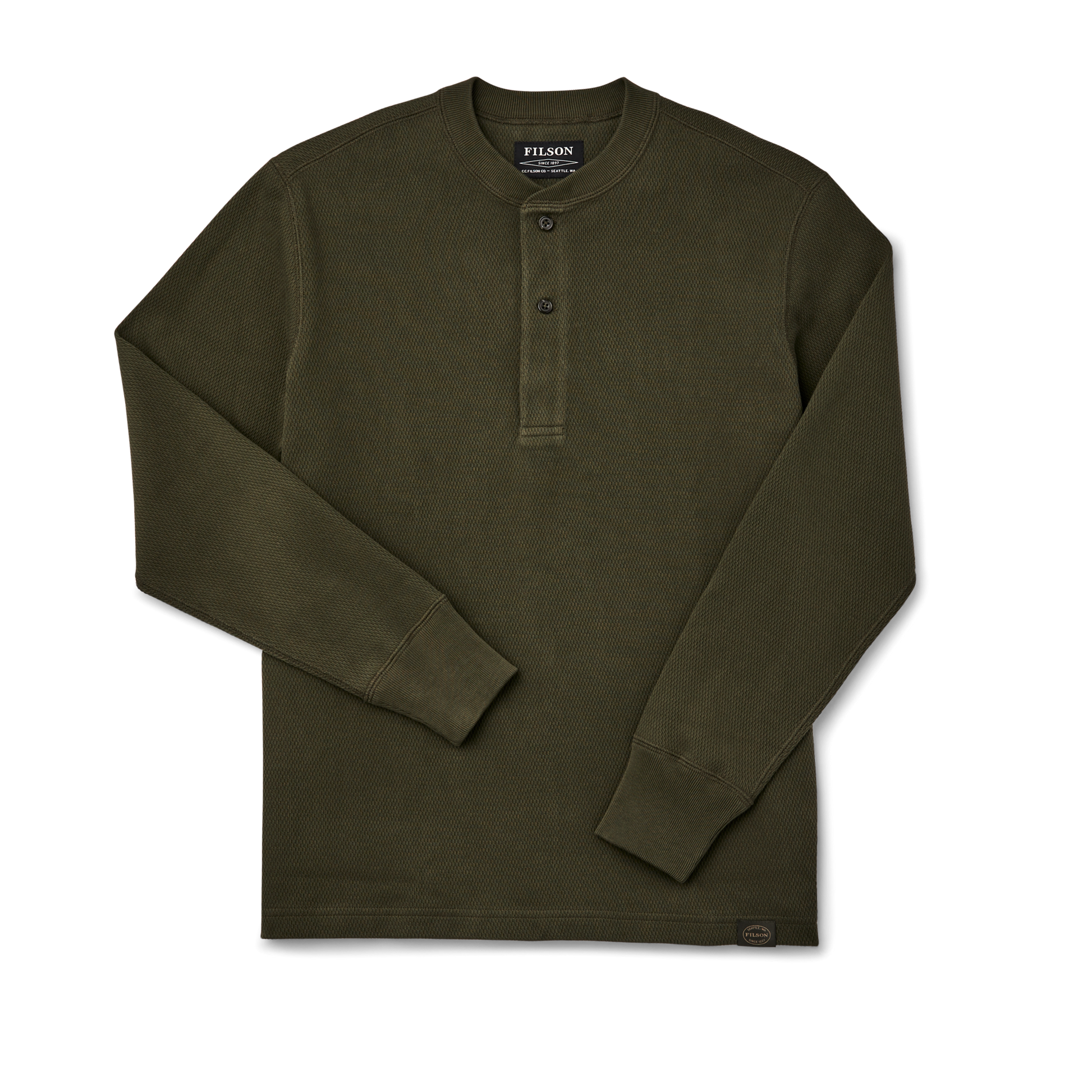 Front-facing image of the Filson Waffle Knit Henley - Mossy Rock