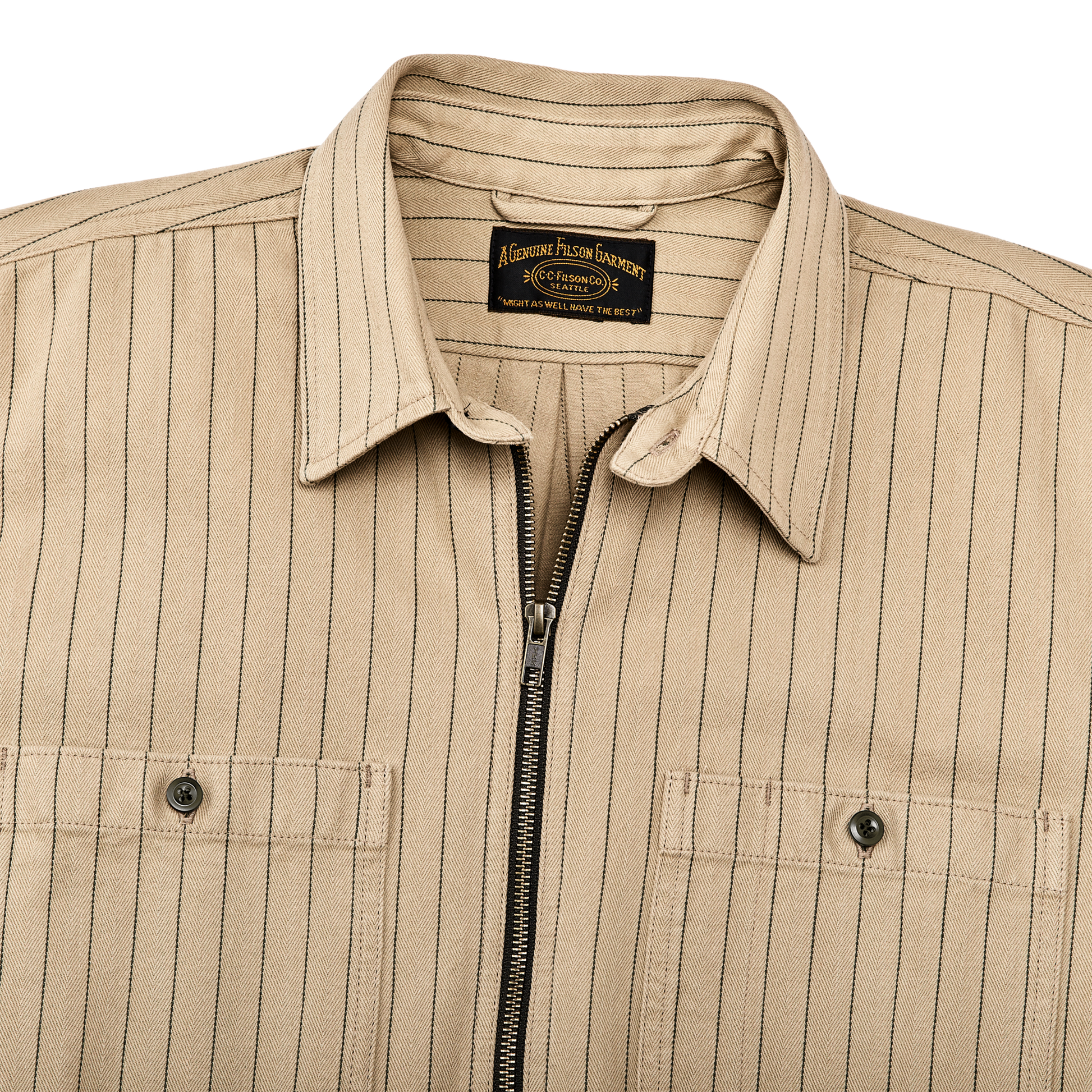 Alternate view of the Filson Short Sleeve Mechanic Shirt - Tan Herringbone/ Green Stripe