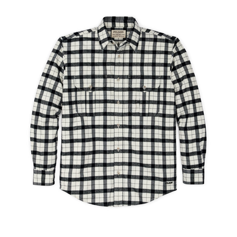 main image of filson's alaskan guide shirt, a men's long sleeve shirt constructed in cotton, shown in cream black