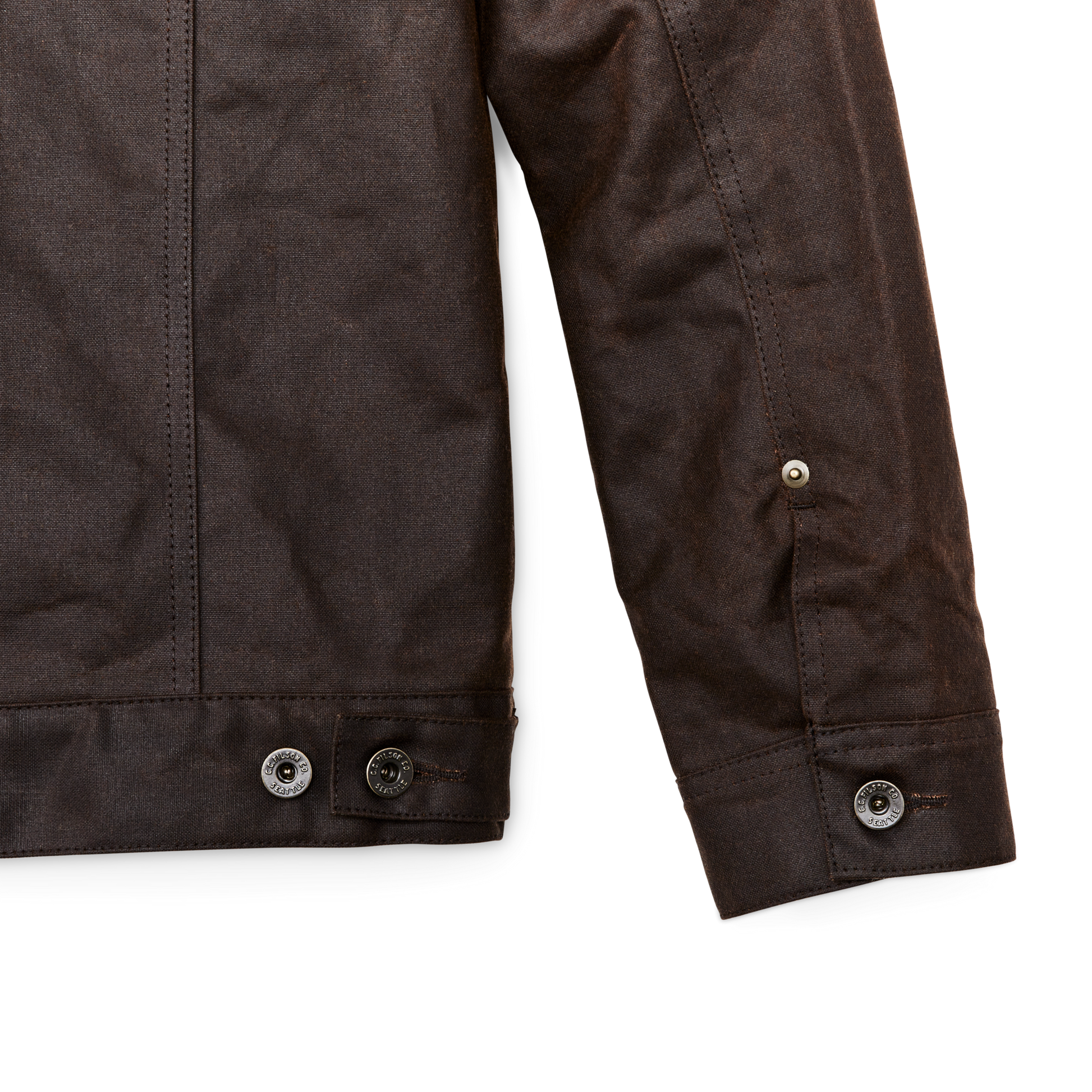 Alternate view of the Filson Tin Cloth Short Lined Cruiser Jacket - Dark Brown|Metal shank-button front cuff closures